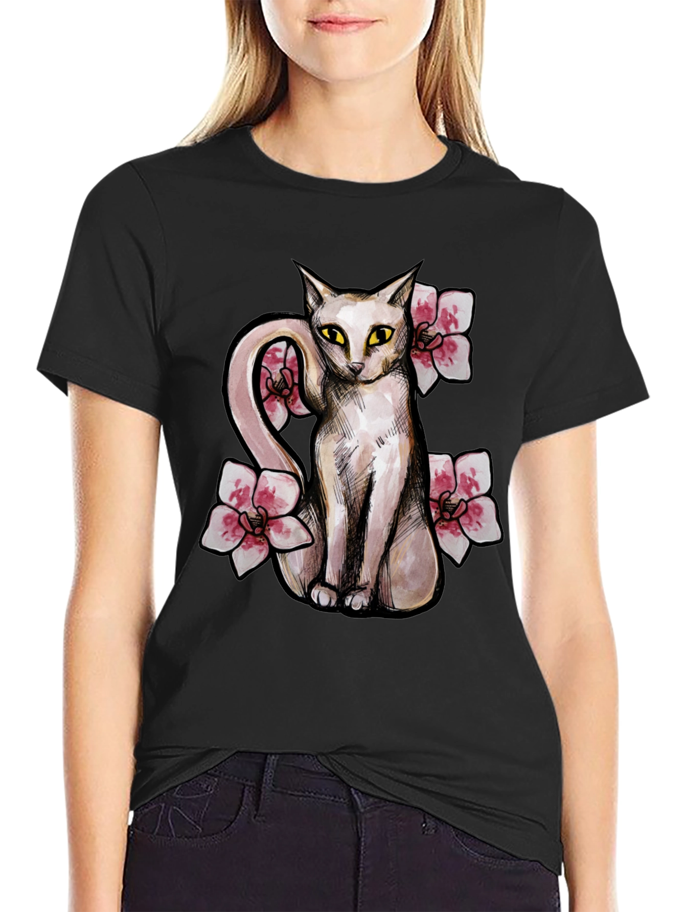 Cat & Flowers Graphic T-Shirt - Casual Black Tee