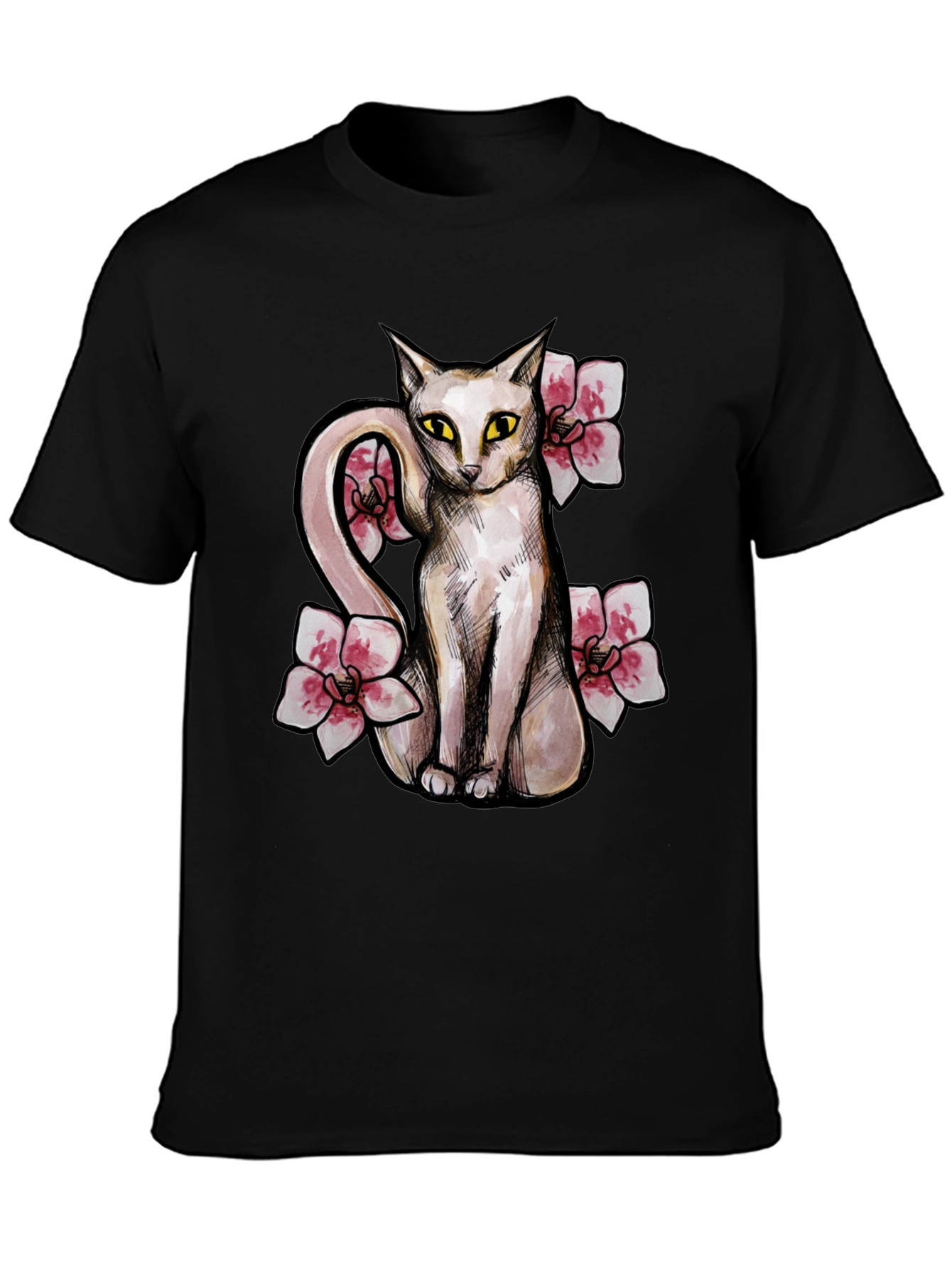 Cat & Flowers Graphic T-Shirt - Casual Black Tee