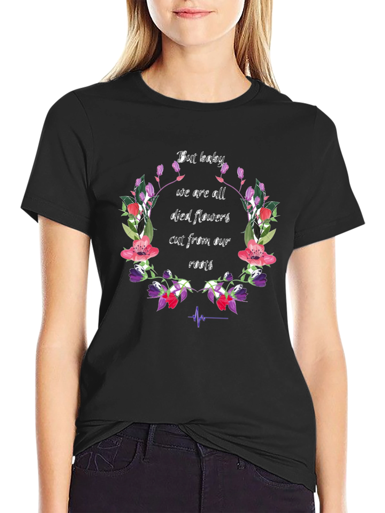 Floral Died Flowers Graphic Print Black T-Shirt