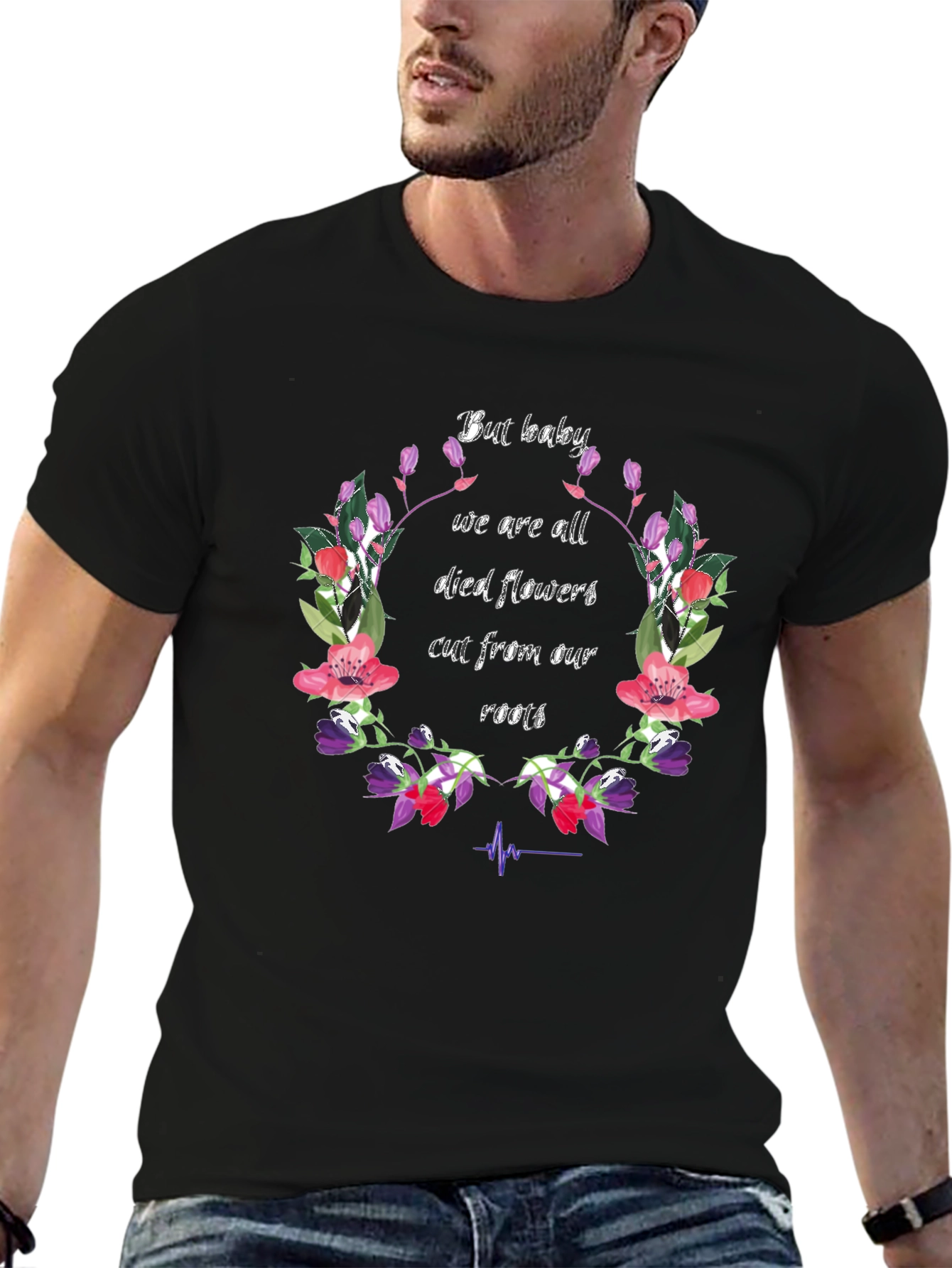 Floral Died Flowers Graphic Print Black T-Shirt