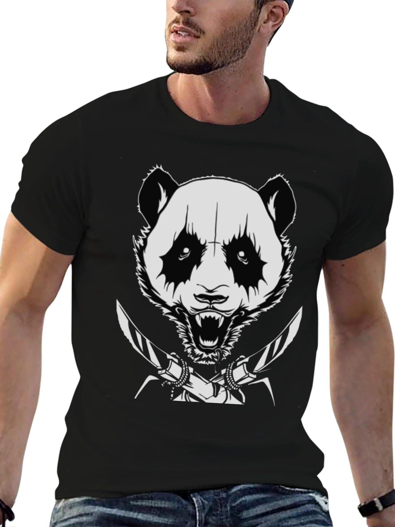 Panda with Knives Black T-Shirt