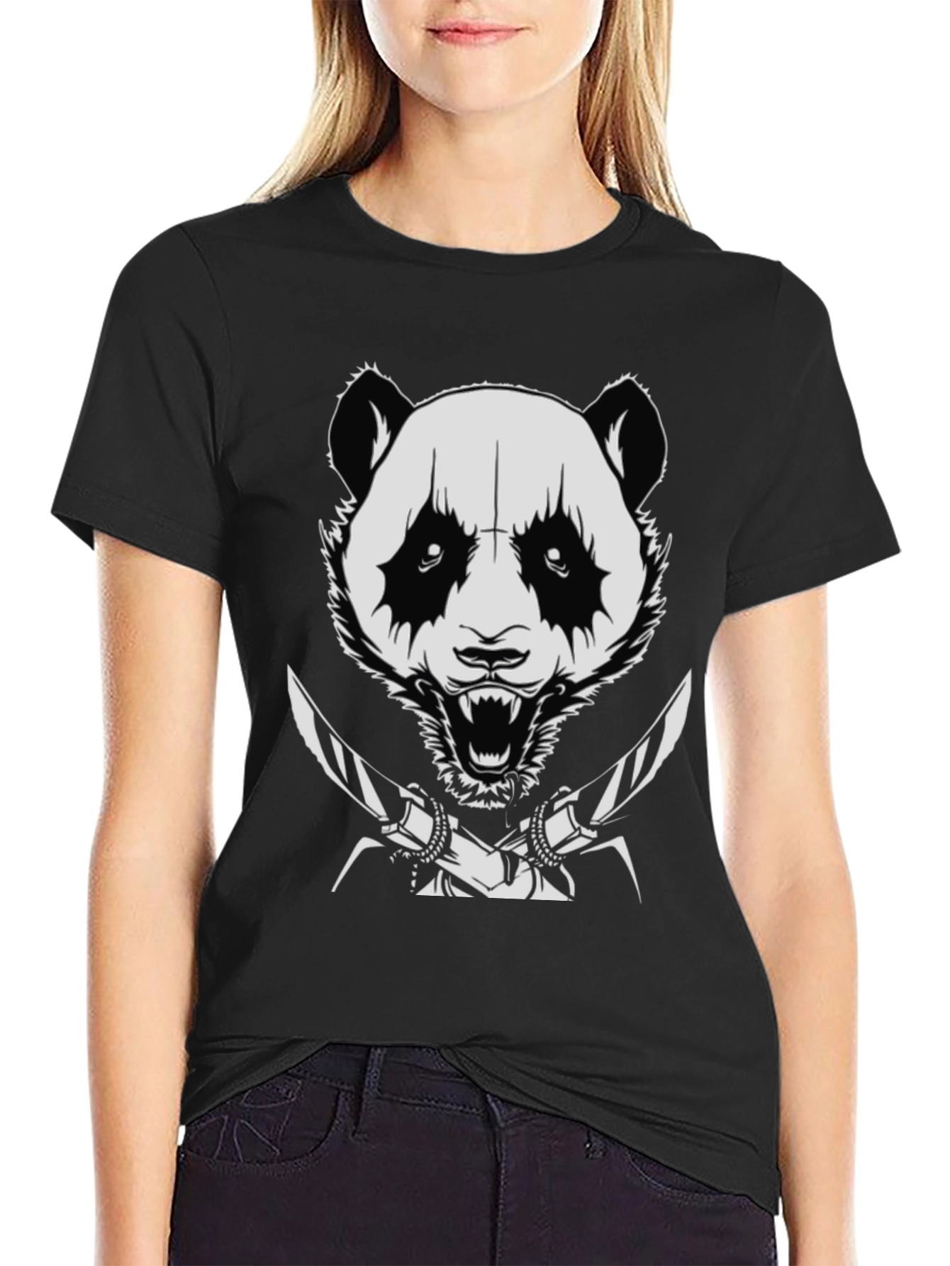 Panda with Knives Black T-Shirt