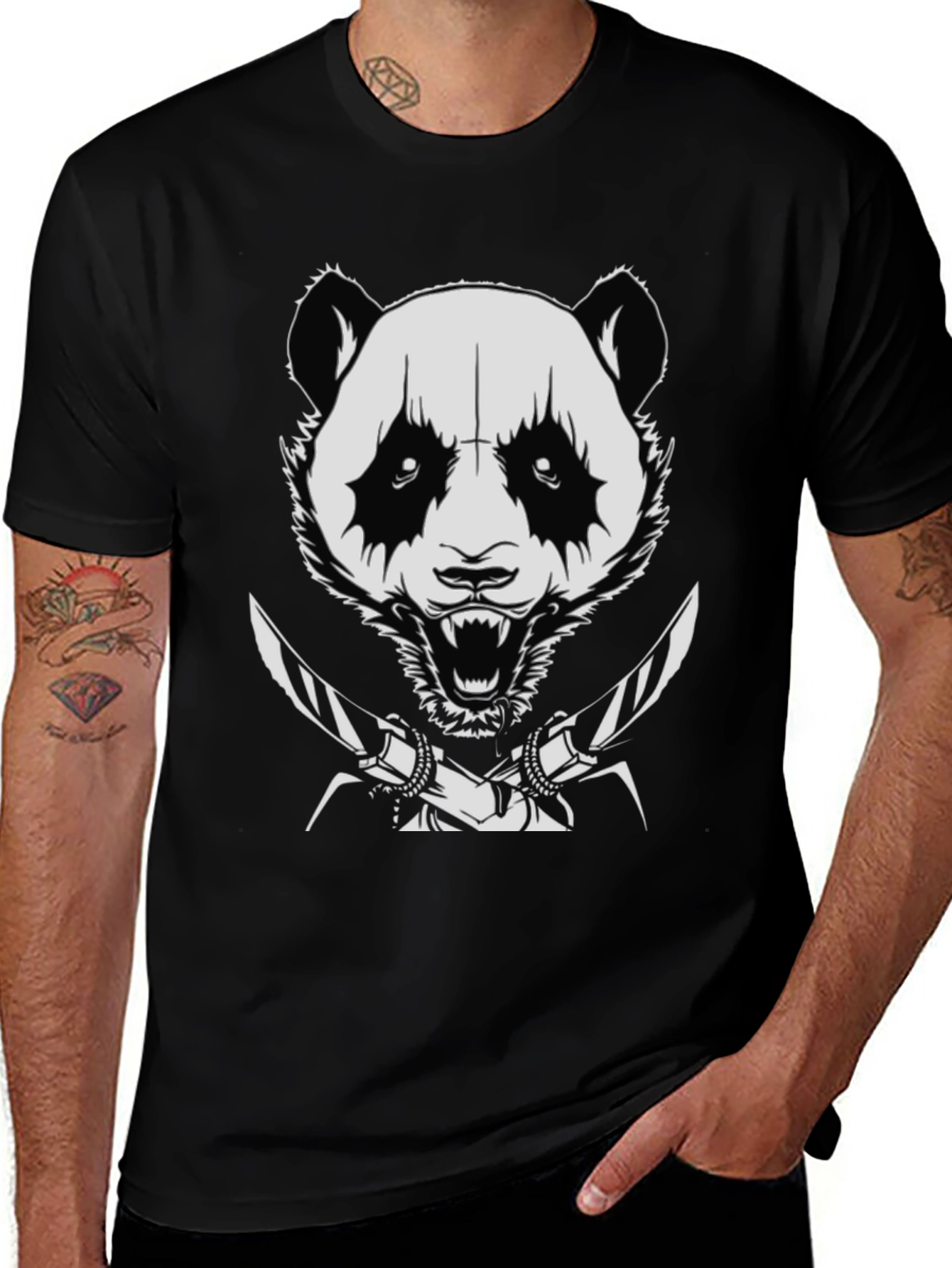Panda with Knives Black T-Shirt