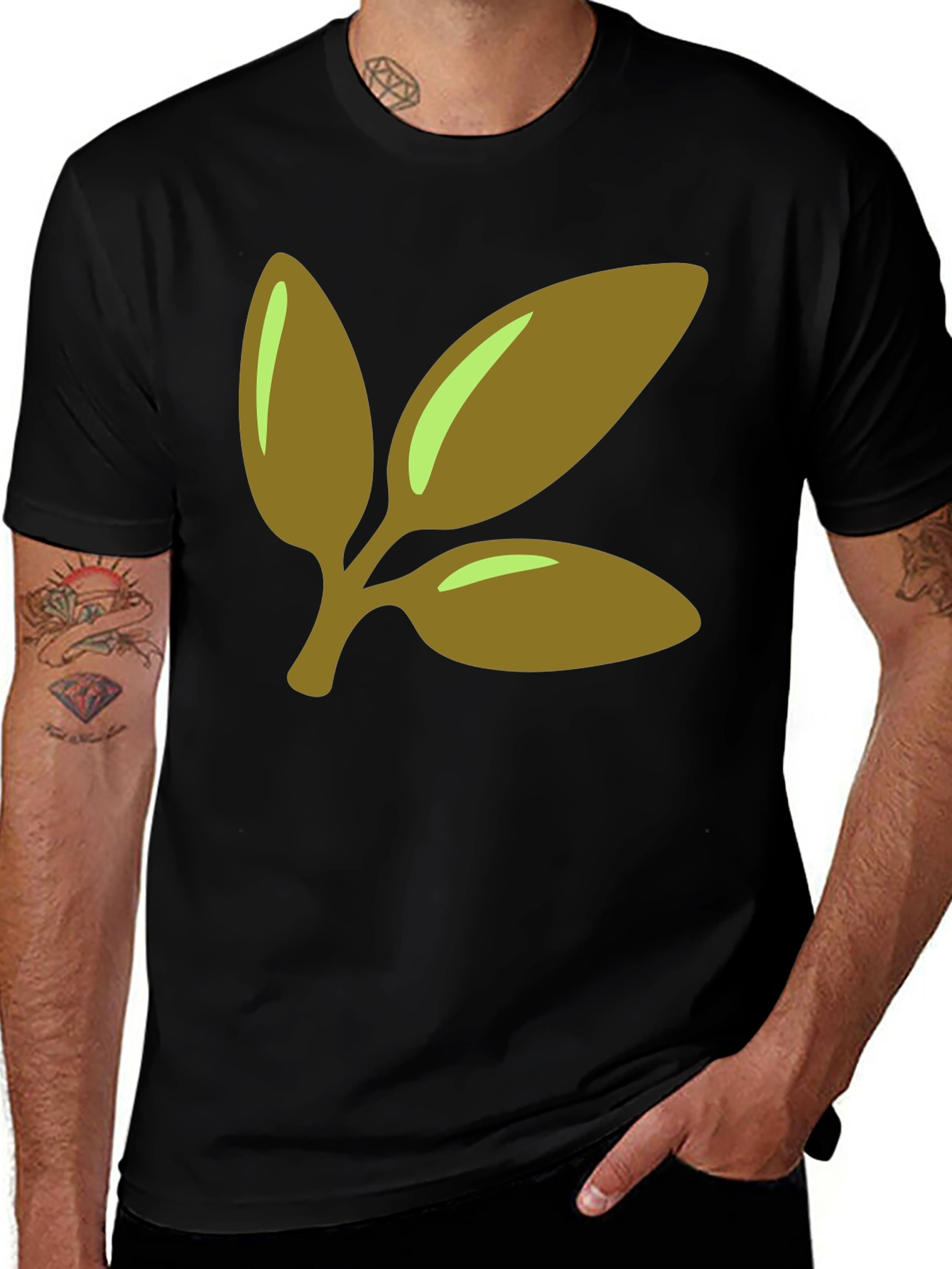 Leaf Branch Graphic Tee - Black Cotton Casual T-Shirt