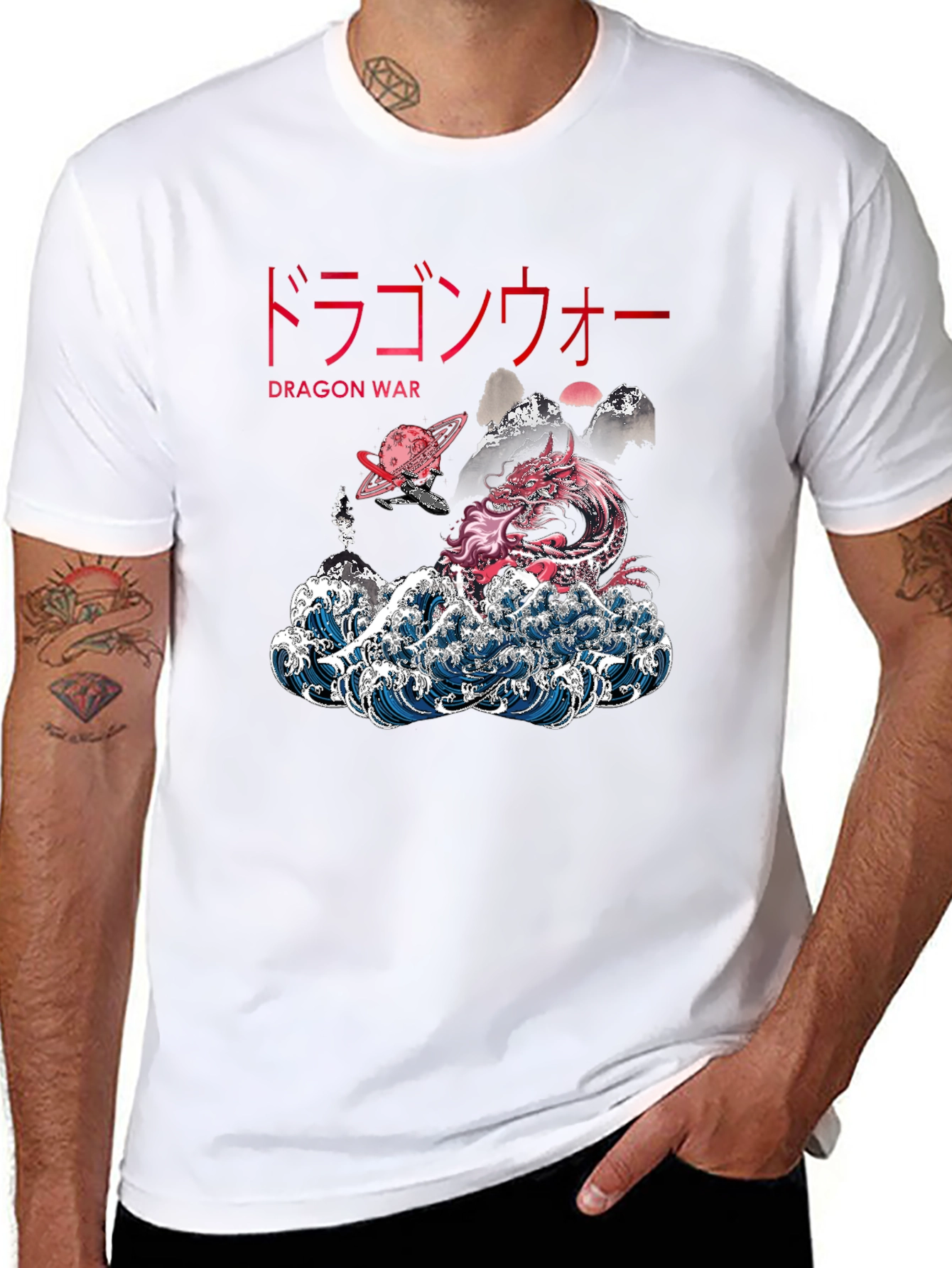 Dragon War Graphic Tee - Japanese Style Wave Design