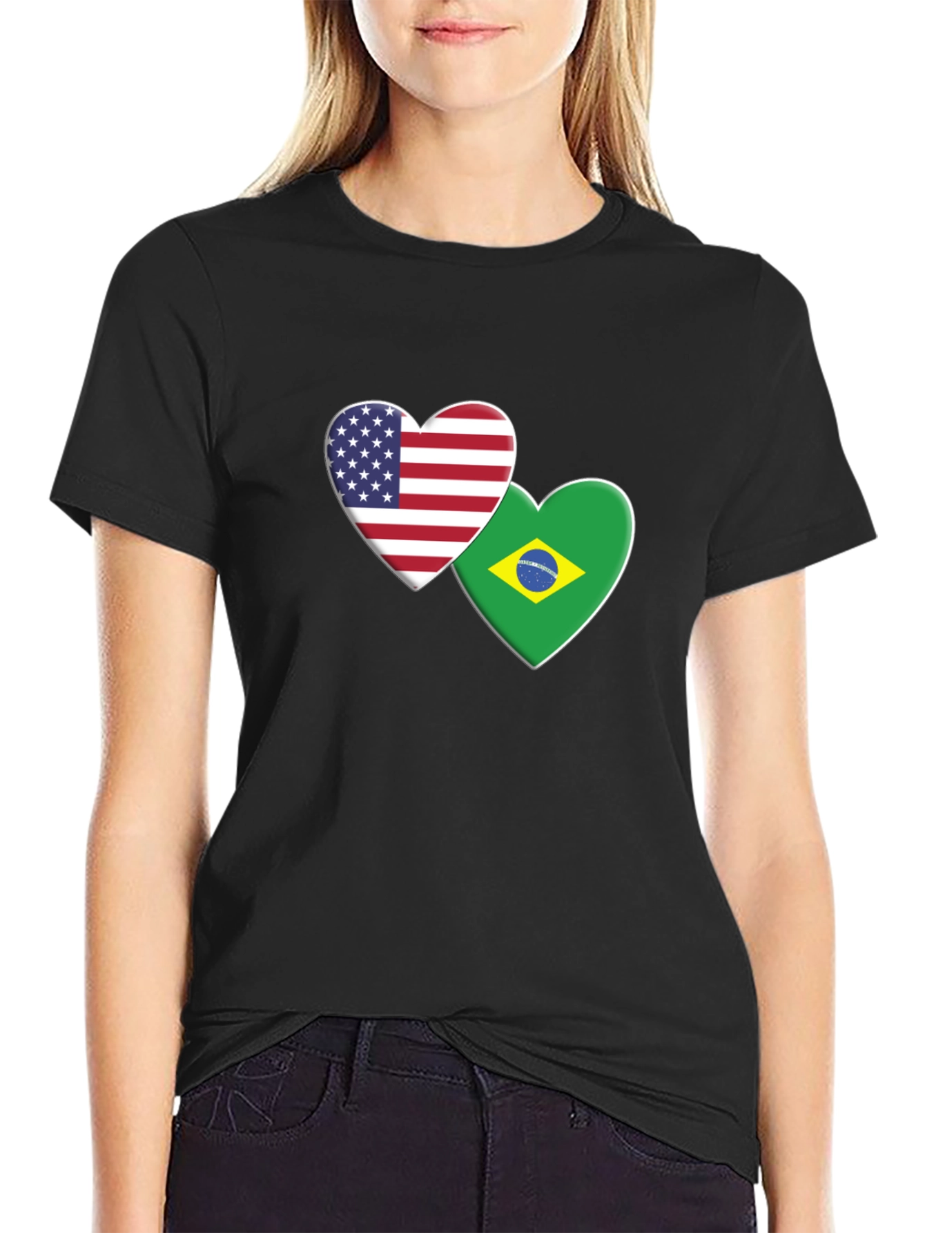 USA & Brazil Hearts T-Shirt - Black Graphic Tee