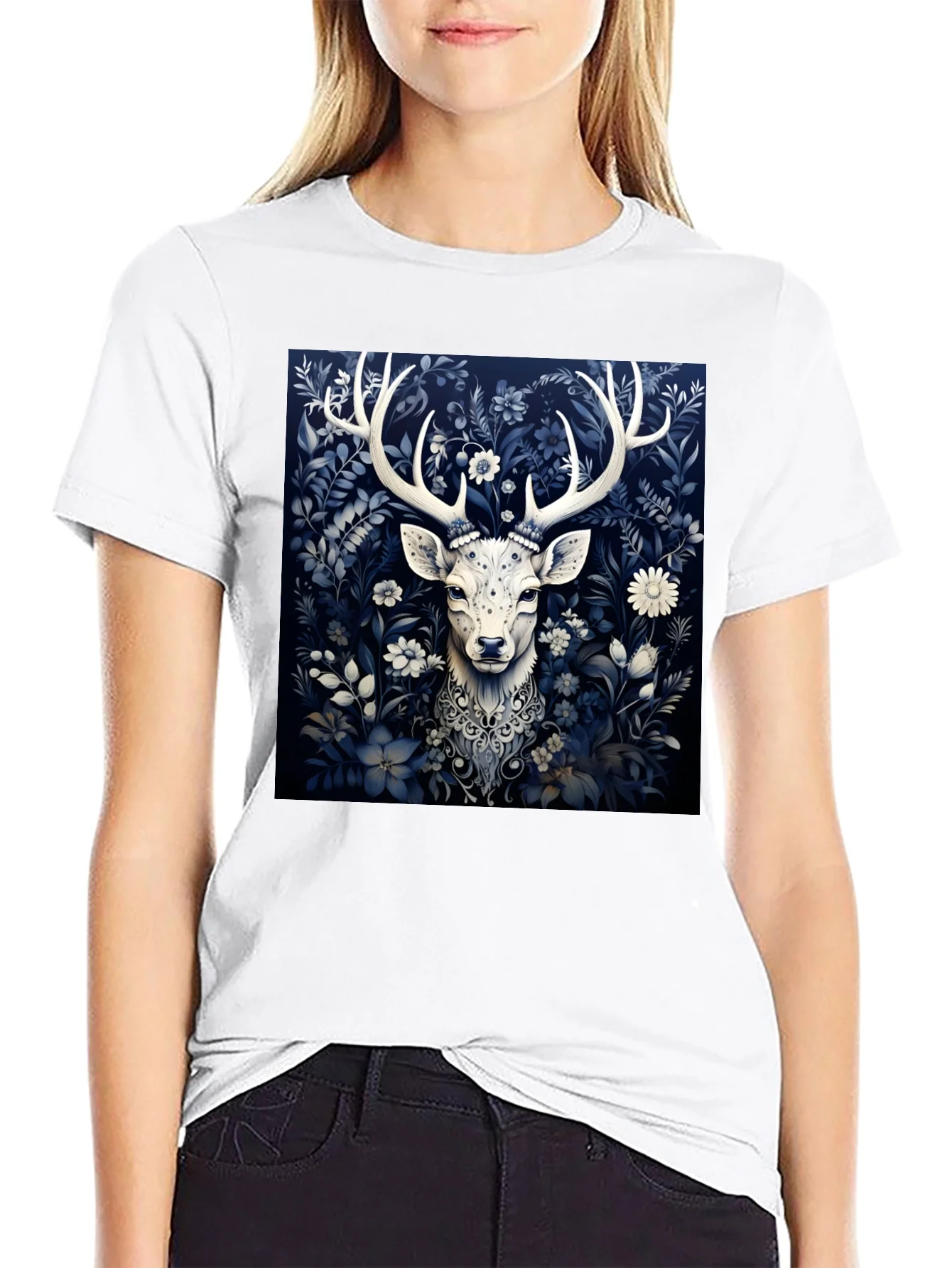 Deer in Bloom Graphic Tee - Black