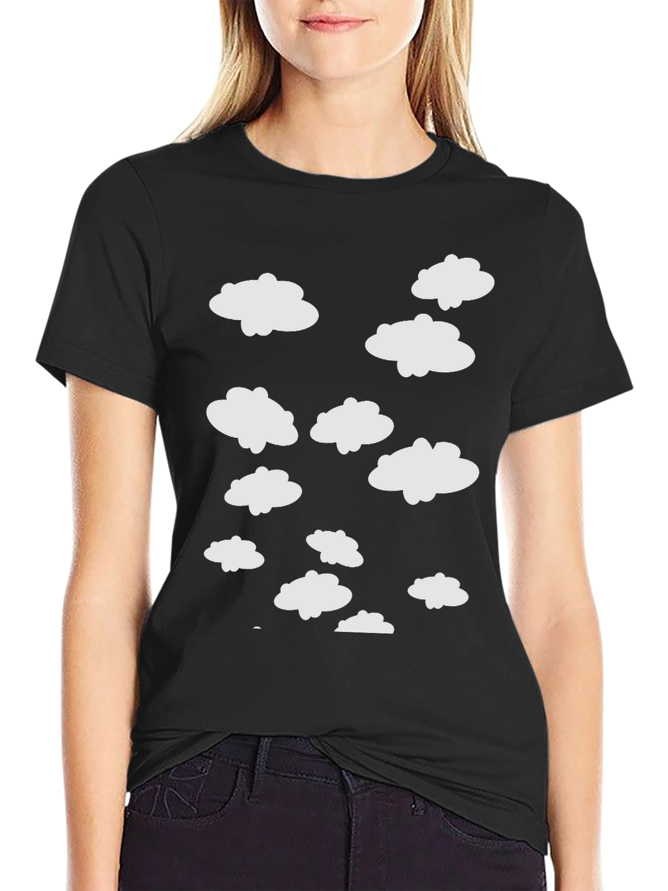 Cloud Pattern Crew Neck T-Shirt - Black