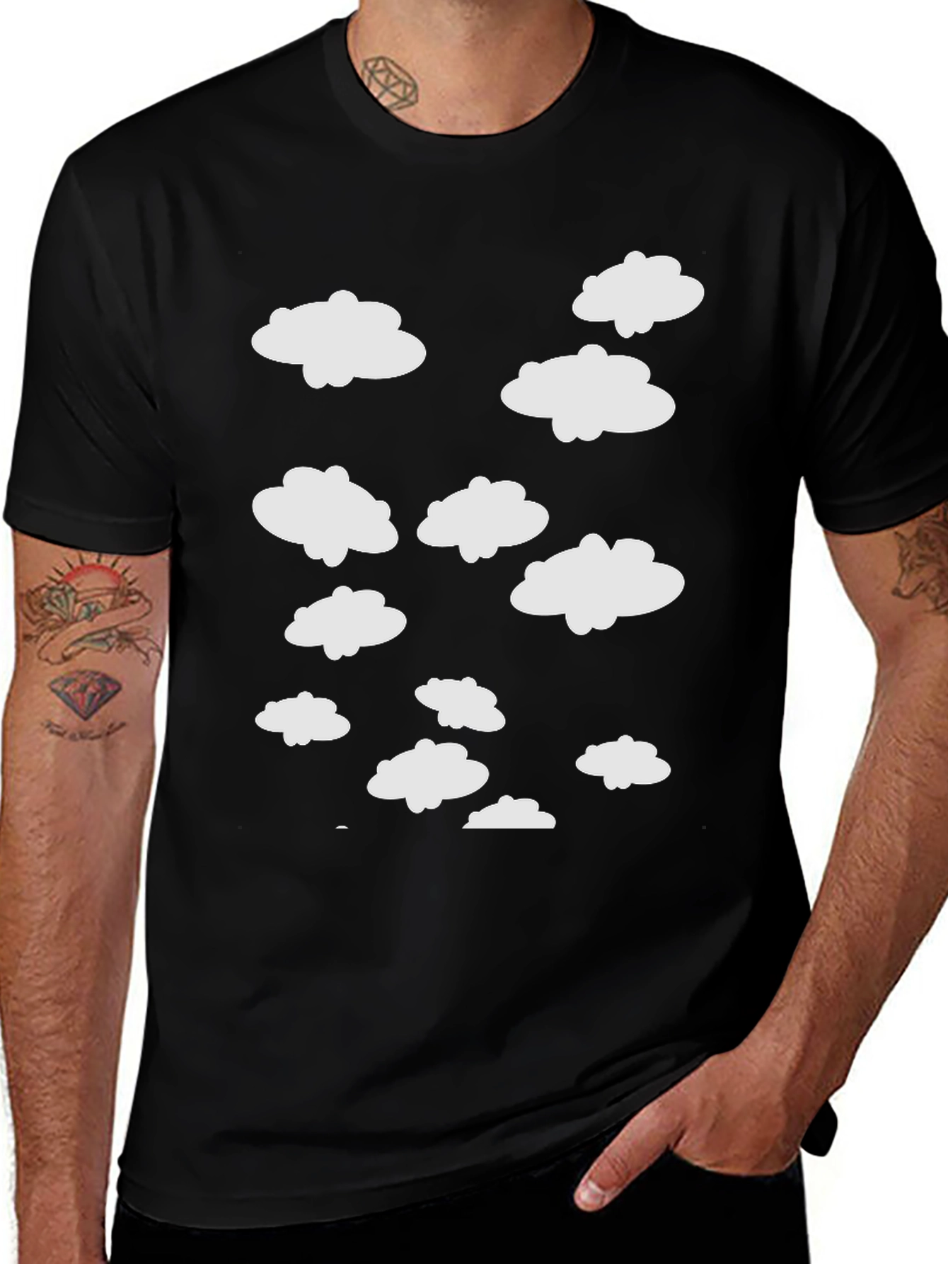 Cloud Pattern Crew Neck T-Shirt - Black