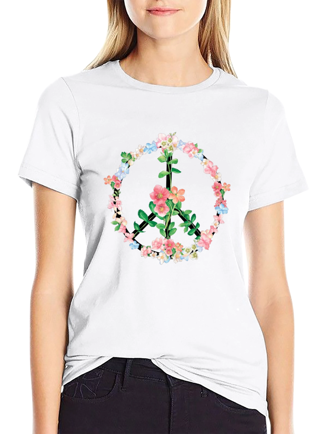 Floral Peace Sign Black T-Shirt