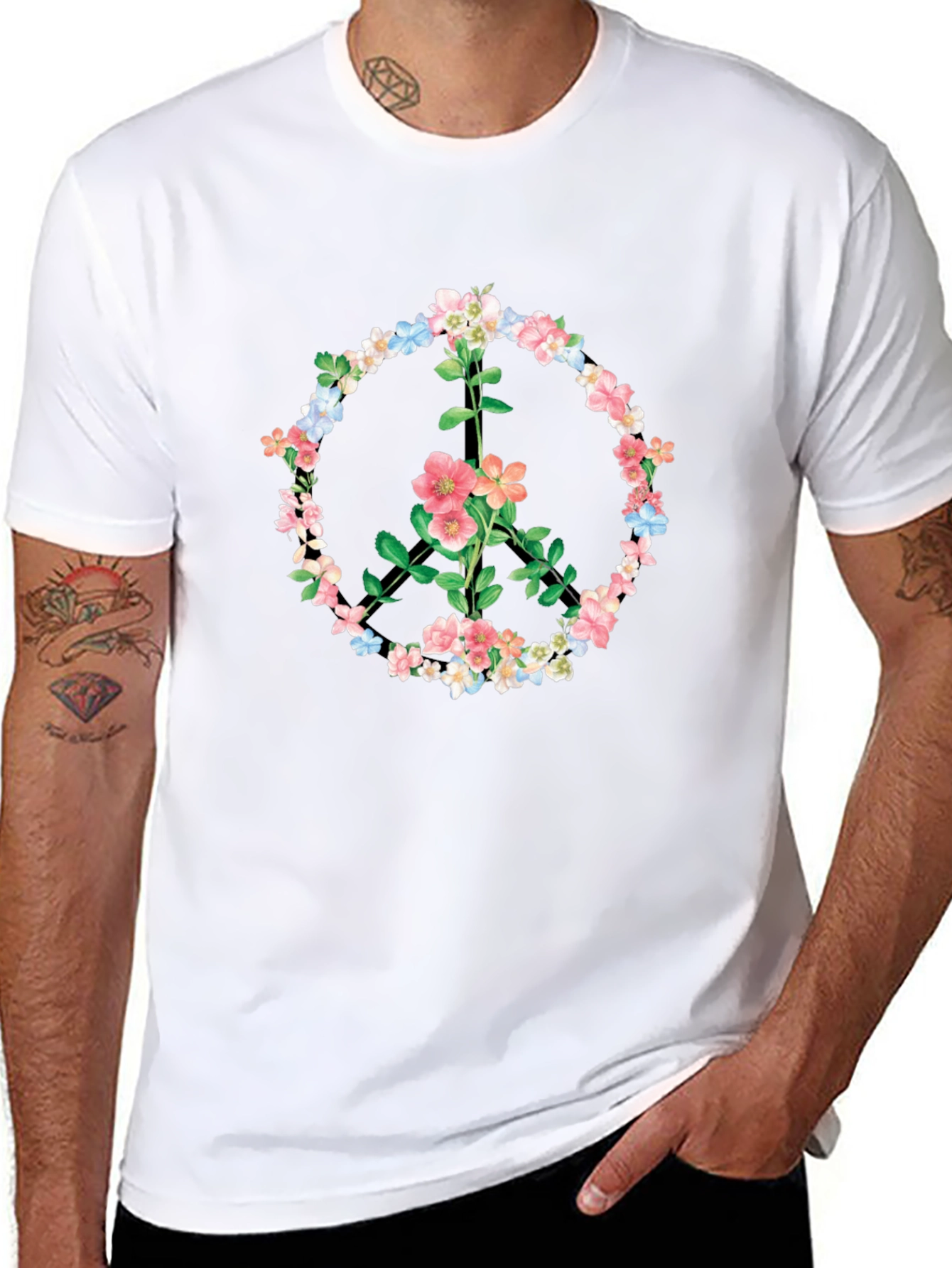 Floral Peace Sign Black T-Shirt