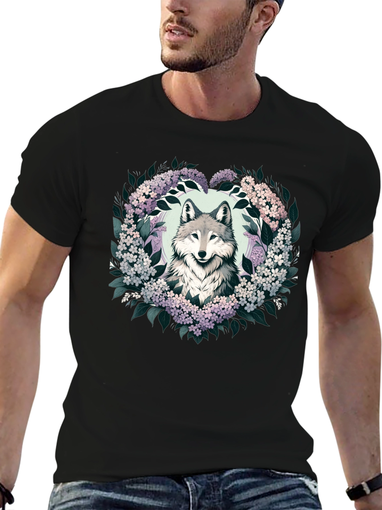 Wolf & Floral Wreath Graphic Tee