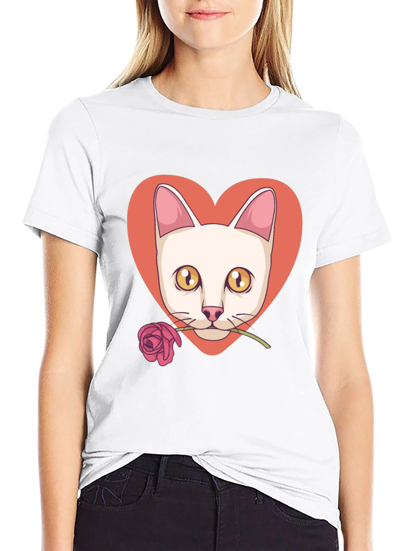 Cat & Rose Heart Graphic T-Shirt - Black
