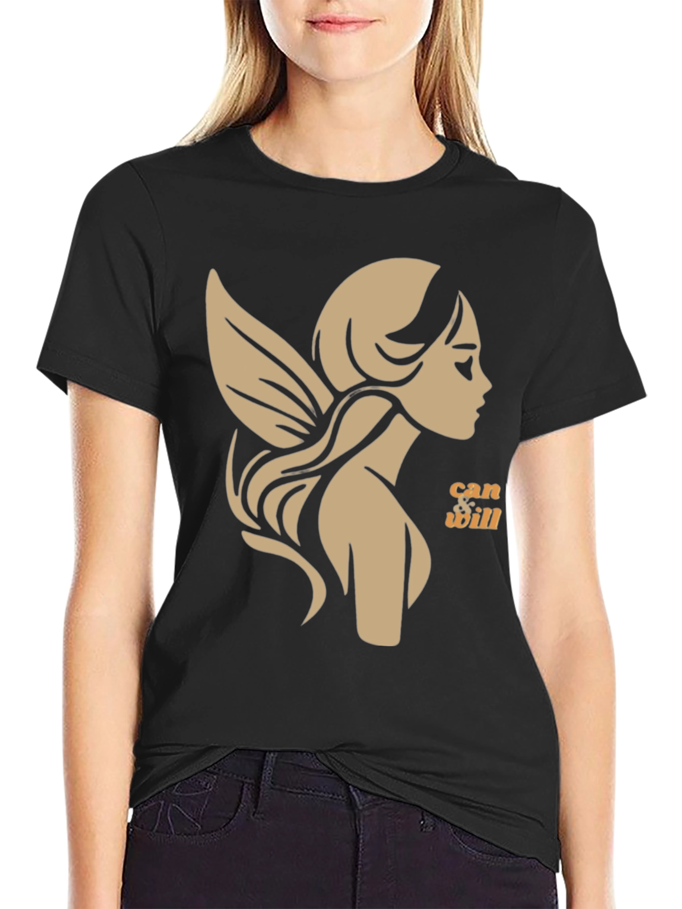 Whimsical Fairy Graphic Tee - Black Cotton