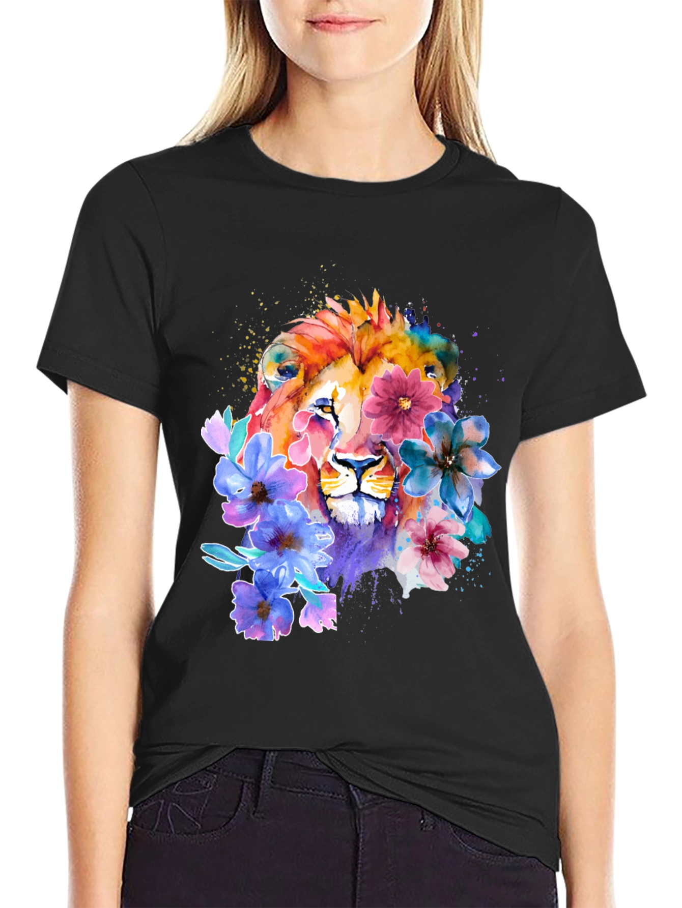 Floral Lion Graphic T-Shirt - Artistic Animal Tee