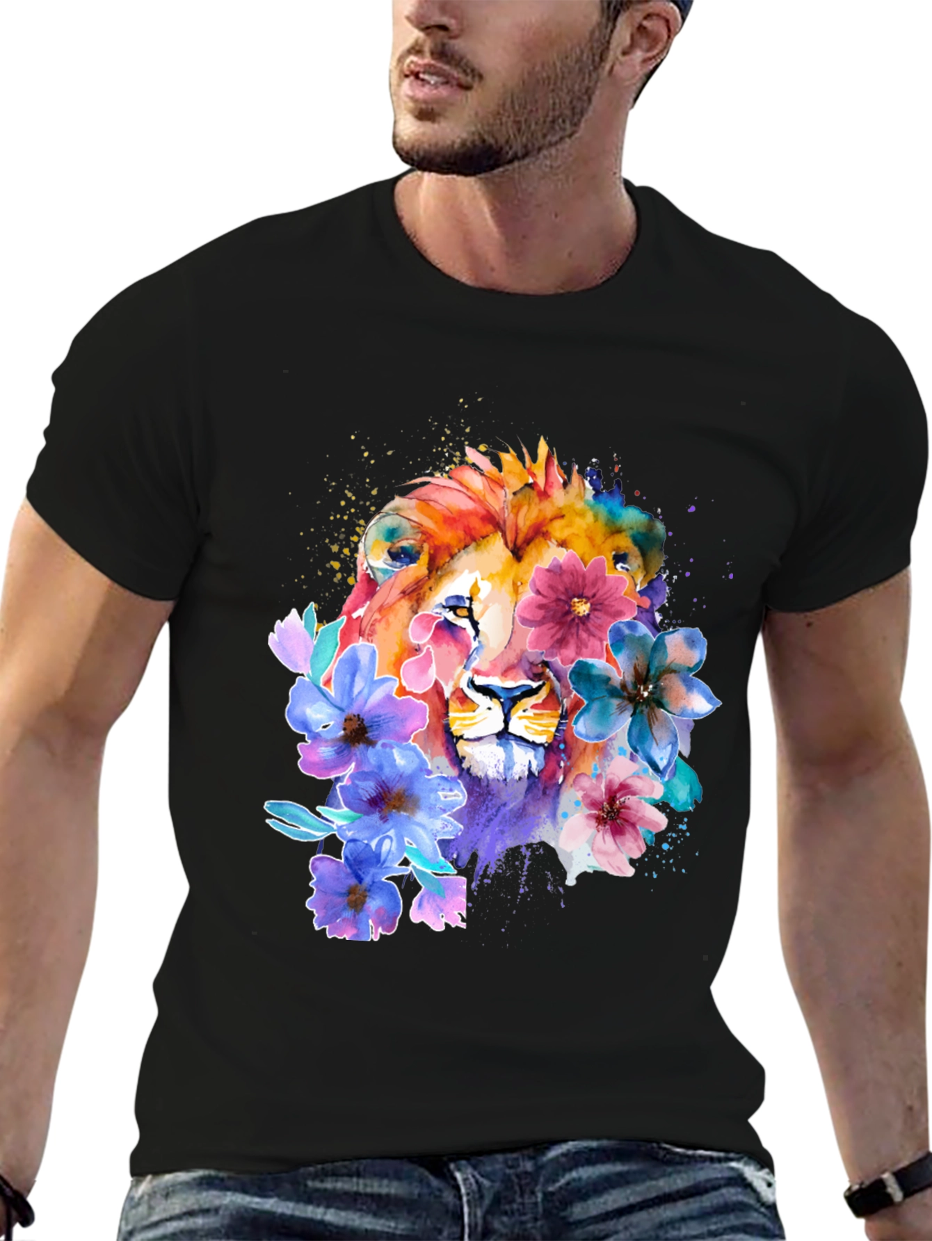 Floral Lion Graphic T-Shirt - Artistic Animal Tee