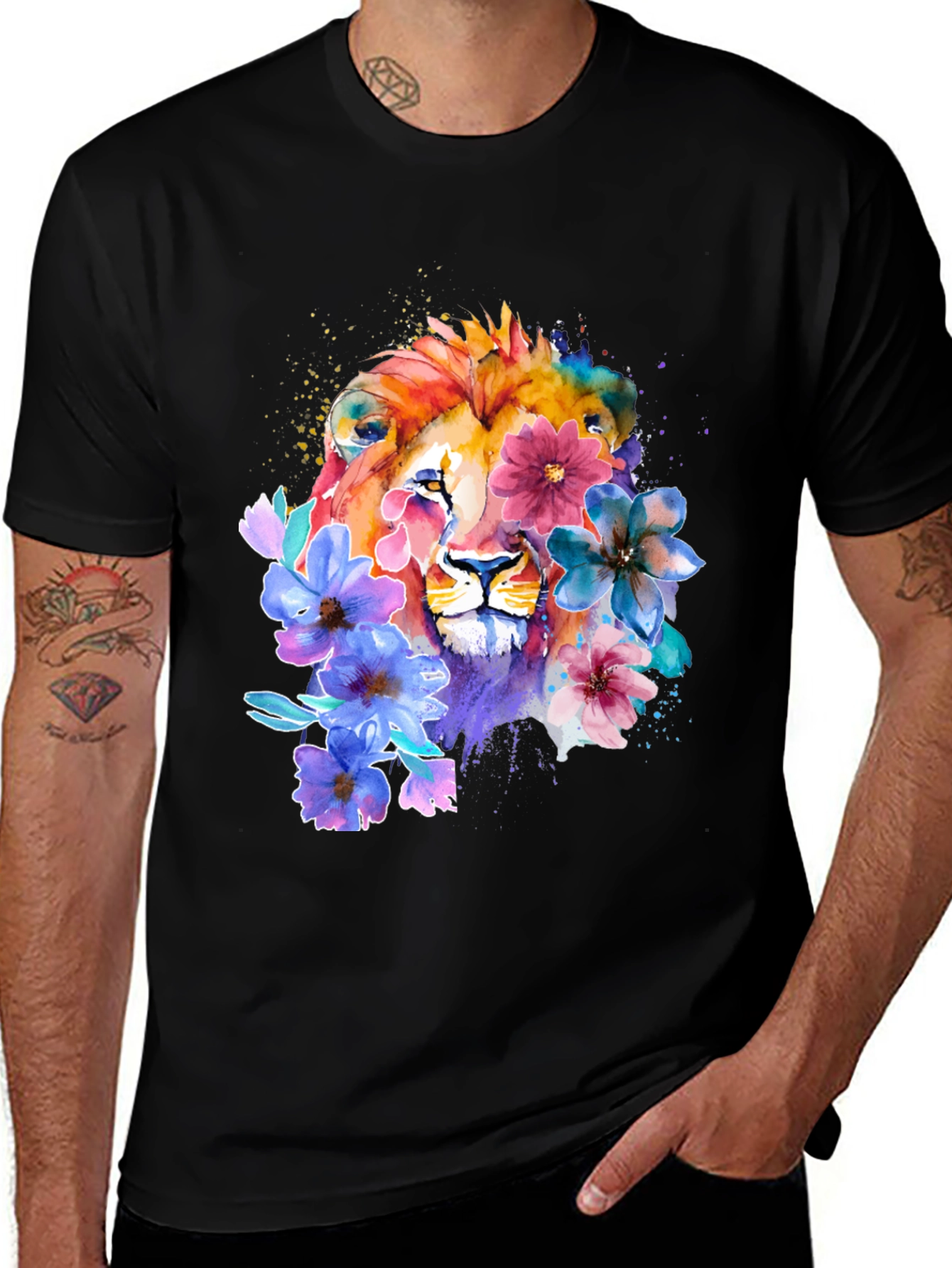Floral Lion Graphic T-Shirt - Artistic Animal Tee