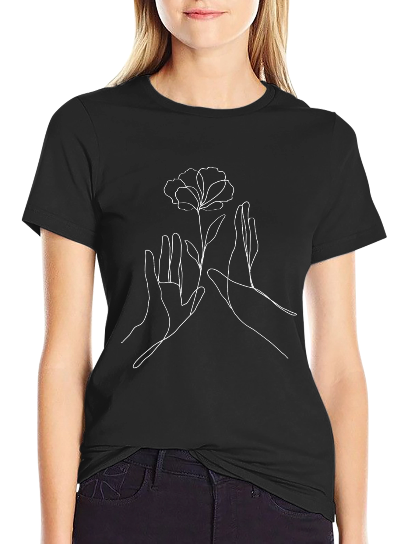 Minimalist Hands & Flower Graphic T-Shirt