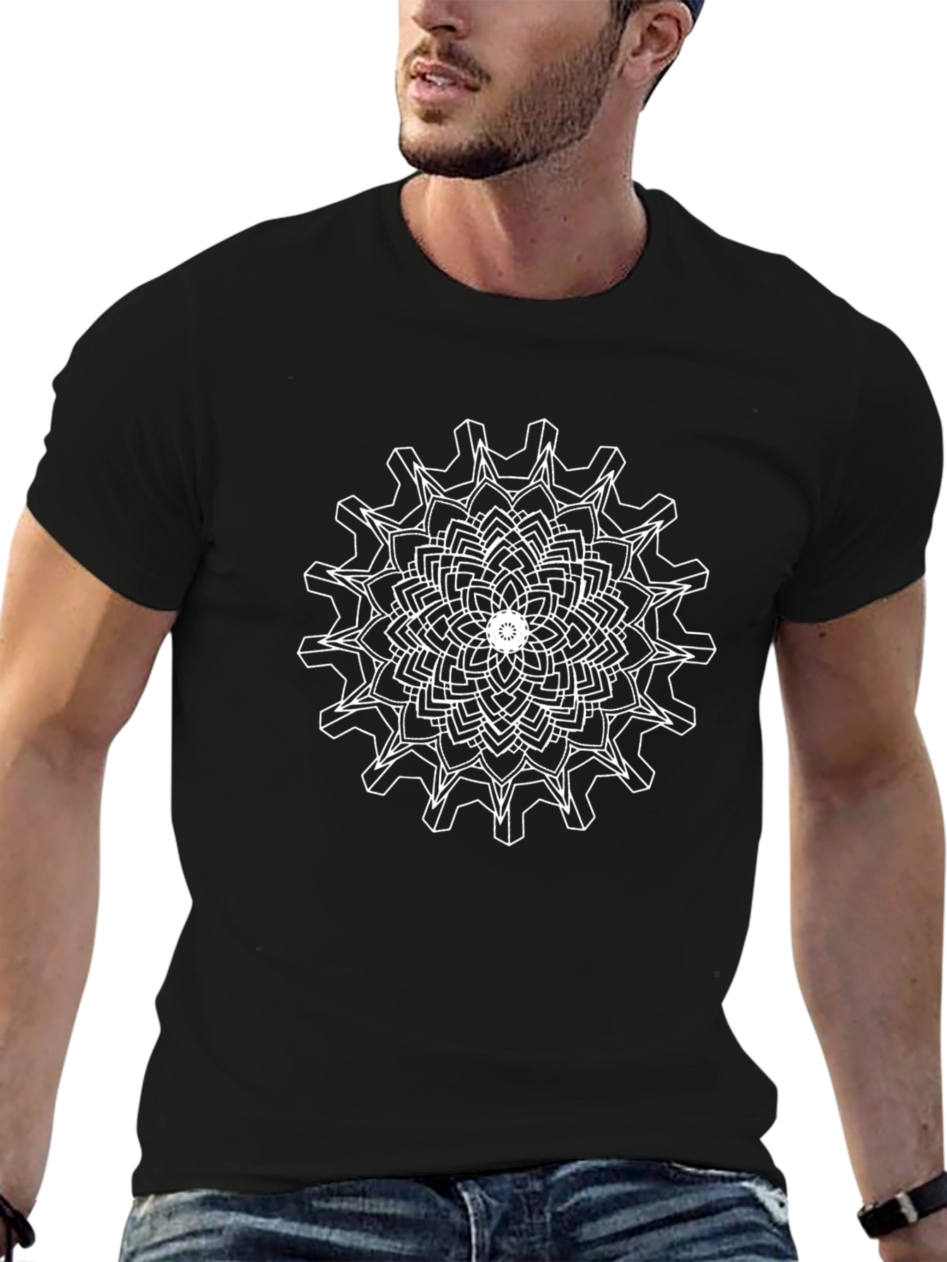 Abstract Geometric Gear Graphic Tee - Black