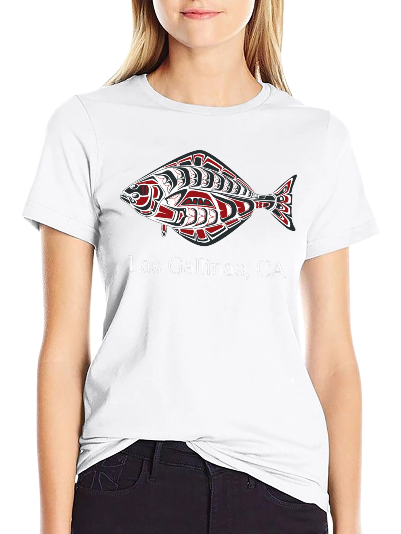 Las Gallinas CA Salmon Design Black T-Shirt