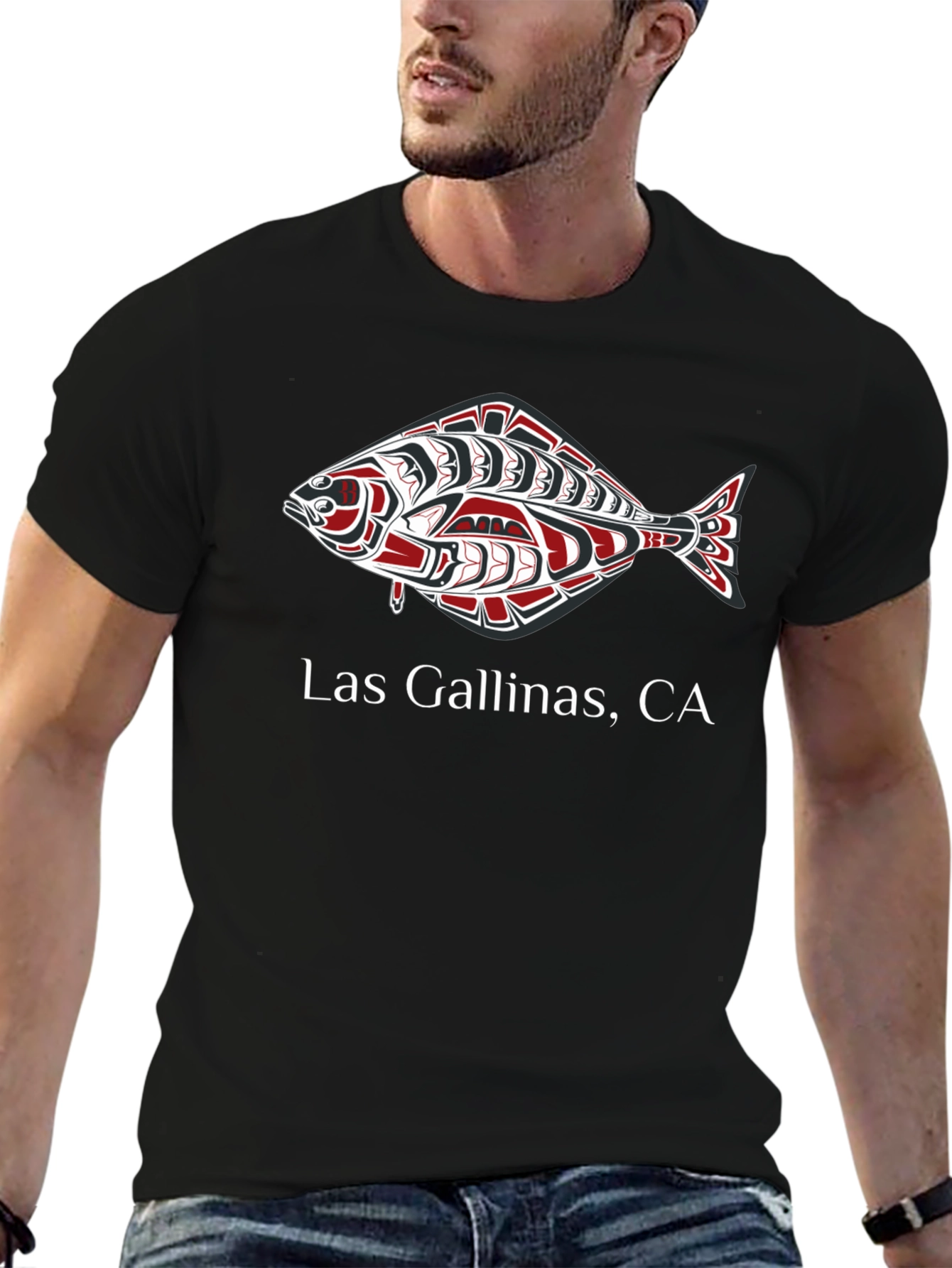 Las Gallinas CA Salmon Design Black T-Shirt