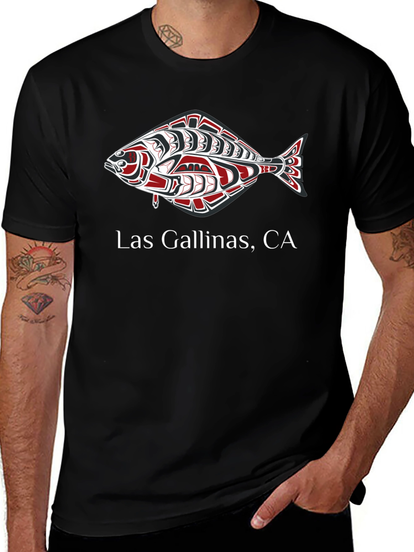 Las Gallinas CA Salmon Design Black T-Shirt