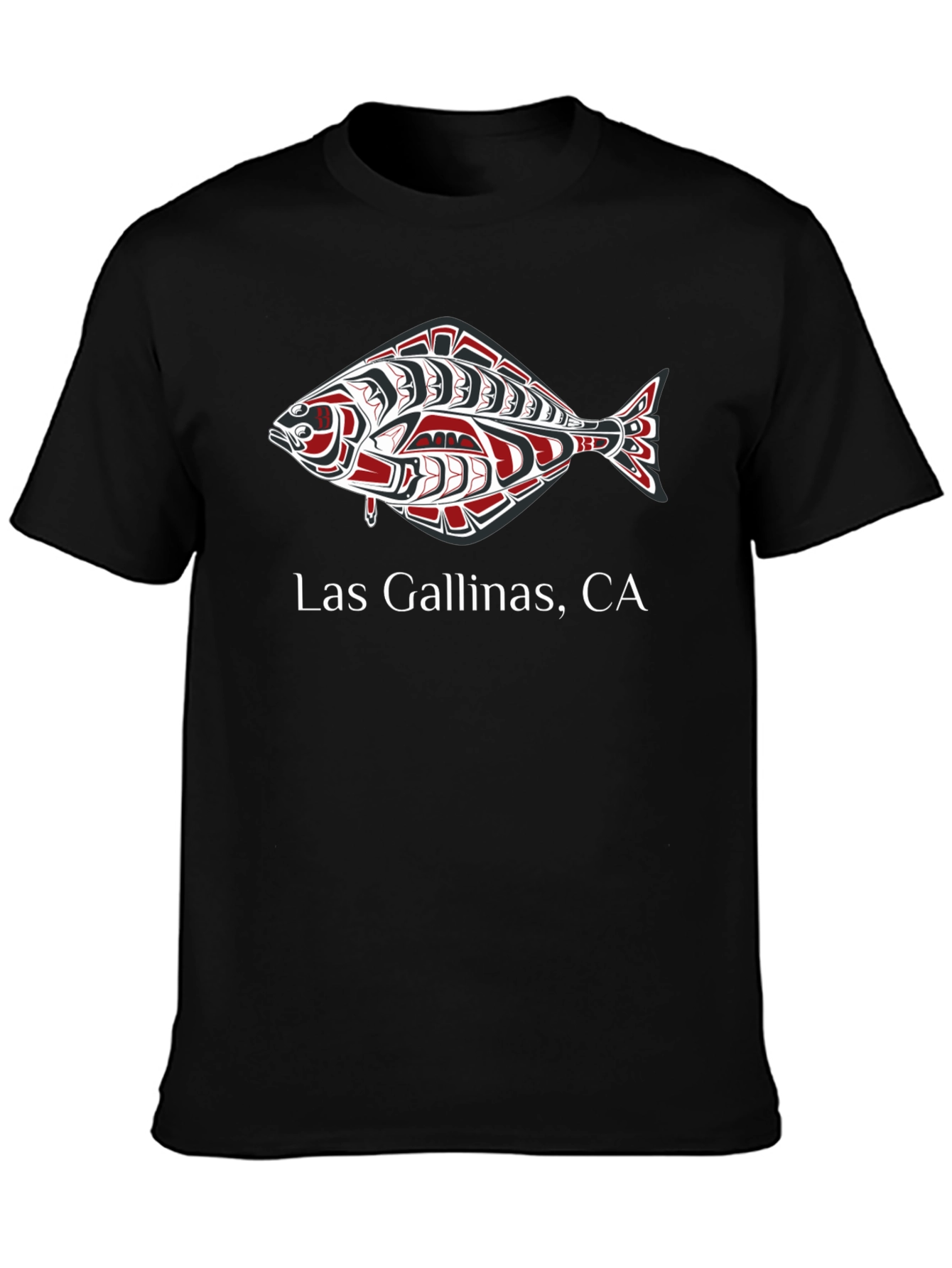 Las Gallinas CA Salmon Design Black T-Shirt