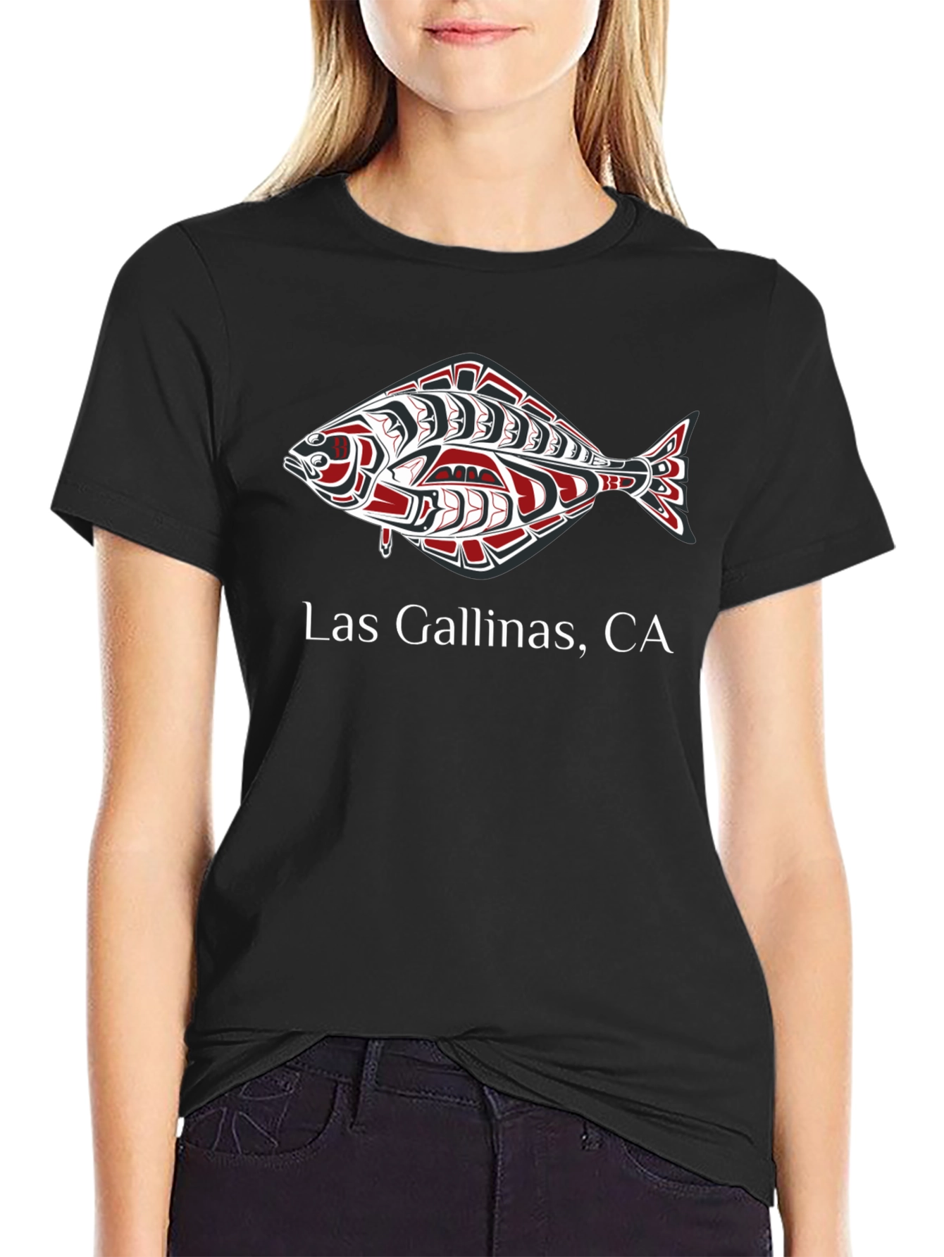 Las Gallinas CA Salmon Design Black T-Shirt