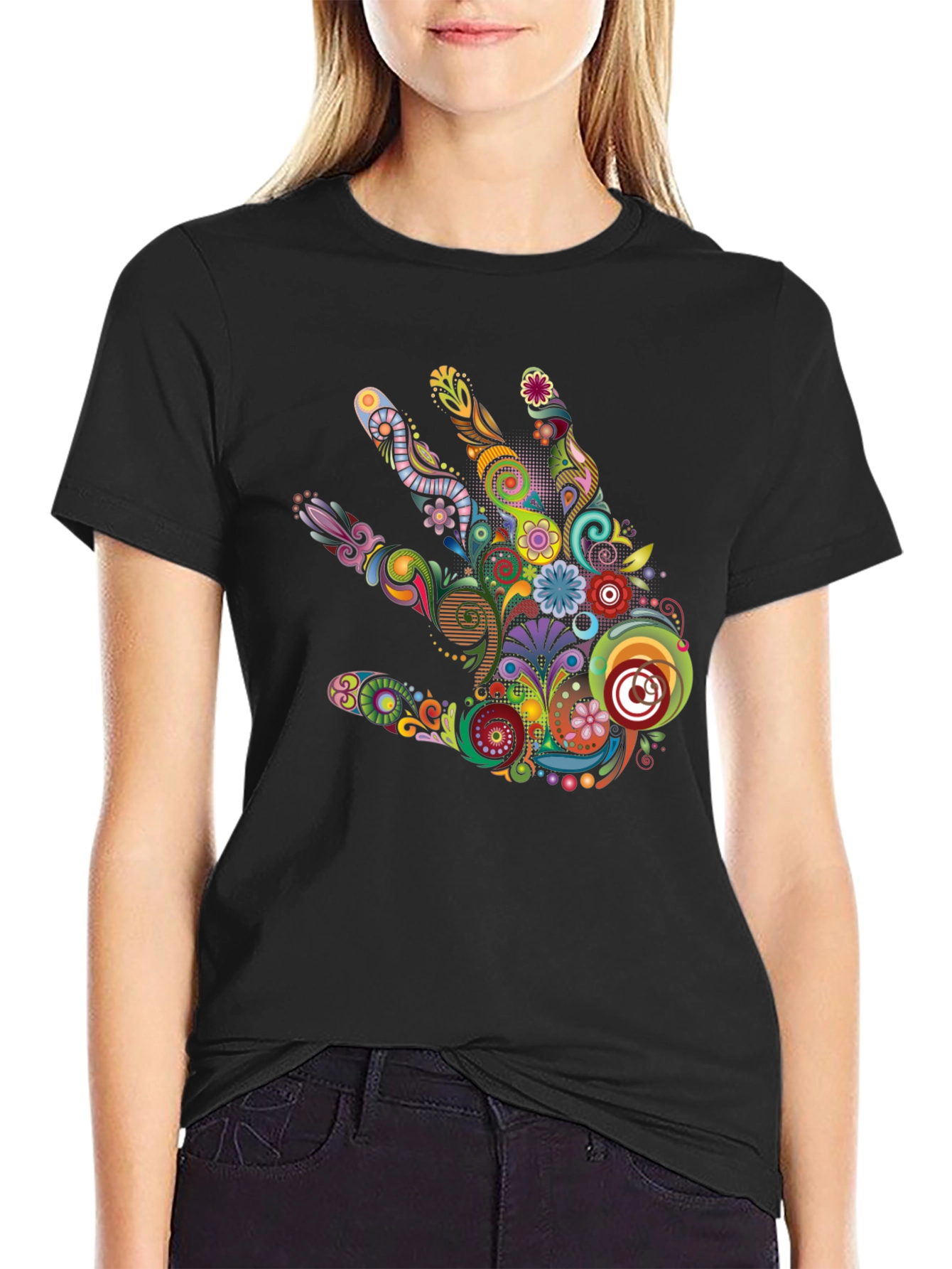 Abstract Floral Hand Graphic Black T-Shirt