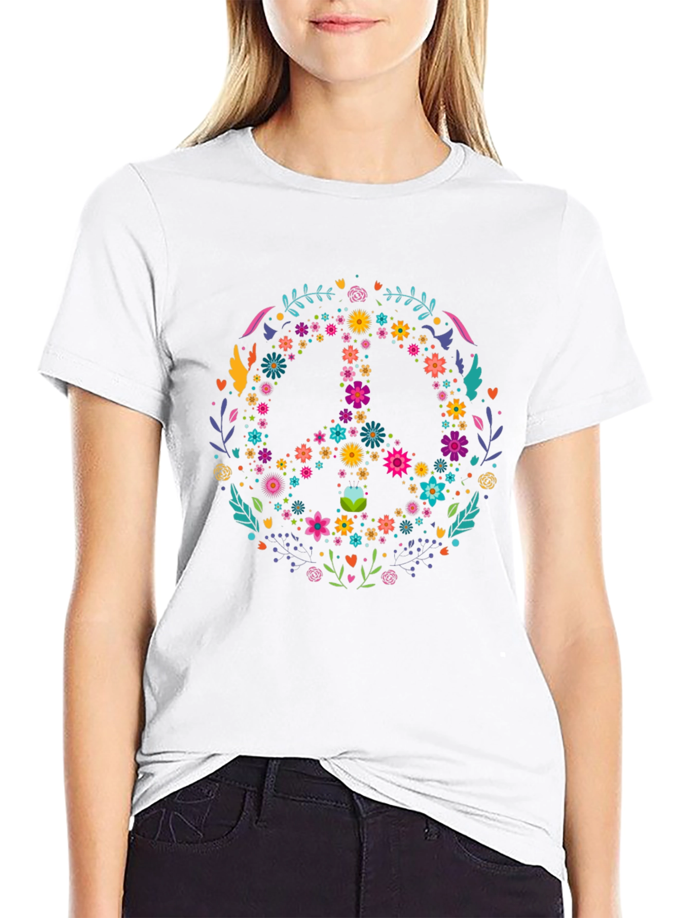 Floral Peace Sign Graphic Tee - Black