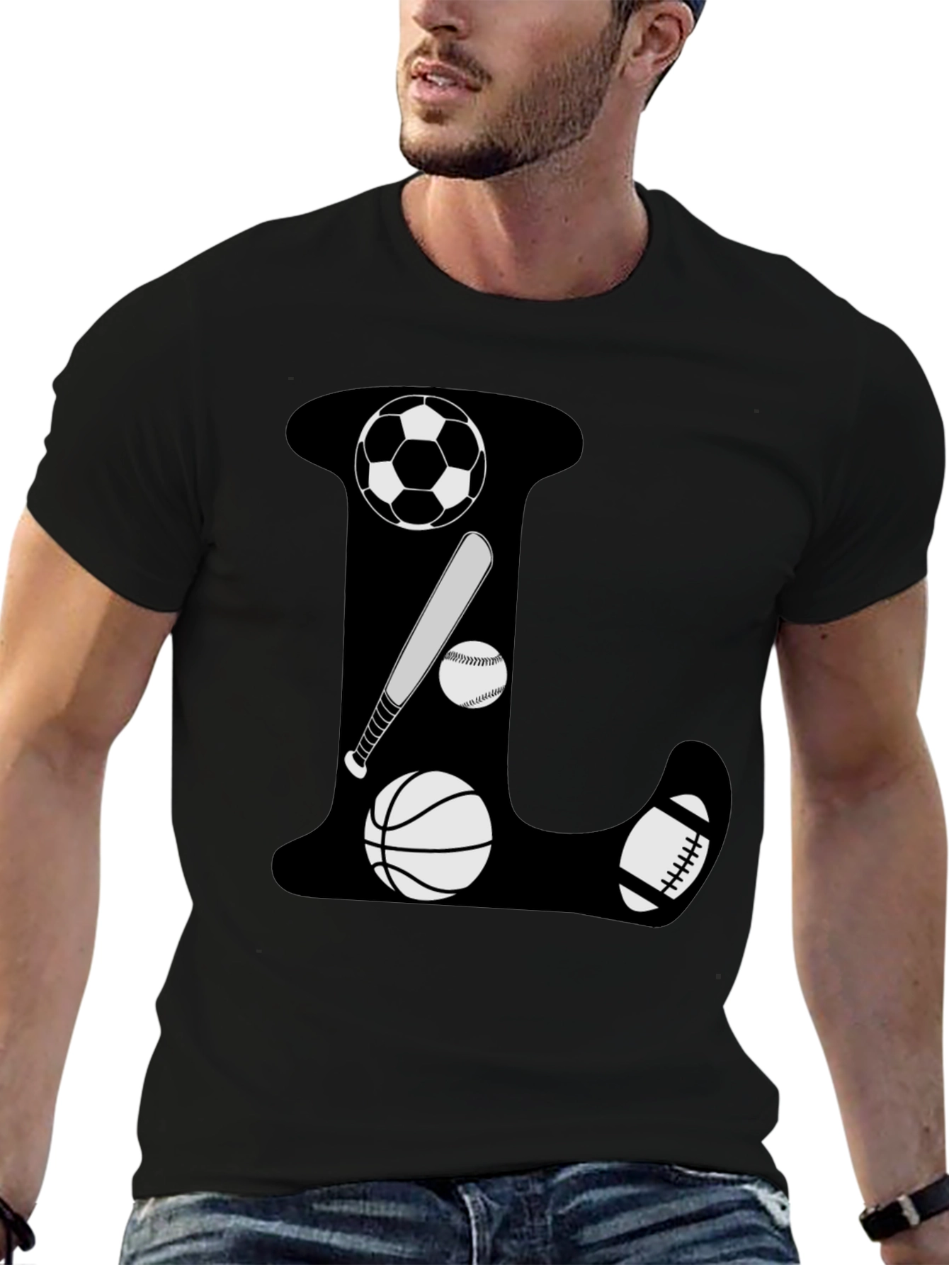 Sports Theme Letter L Black T-Shirt