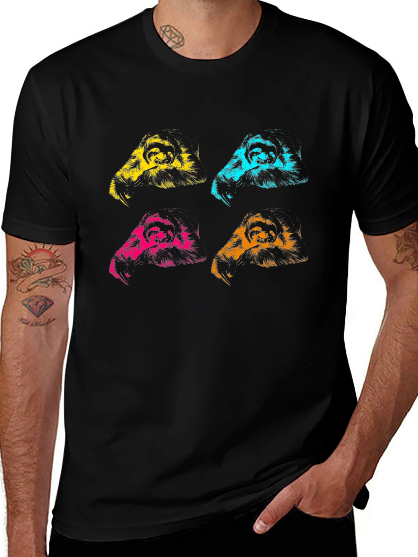 Pop Art Sloth Graphic Tee - Black Cotton T-Shirt