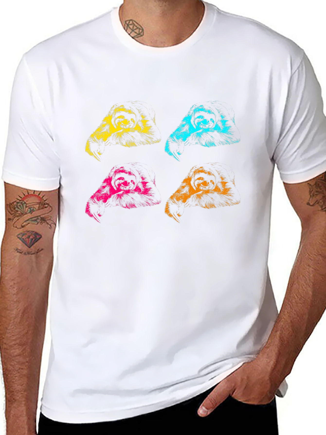 Pop Art Sloth Graphic Tee - Black Cotton T-Shirt