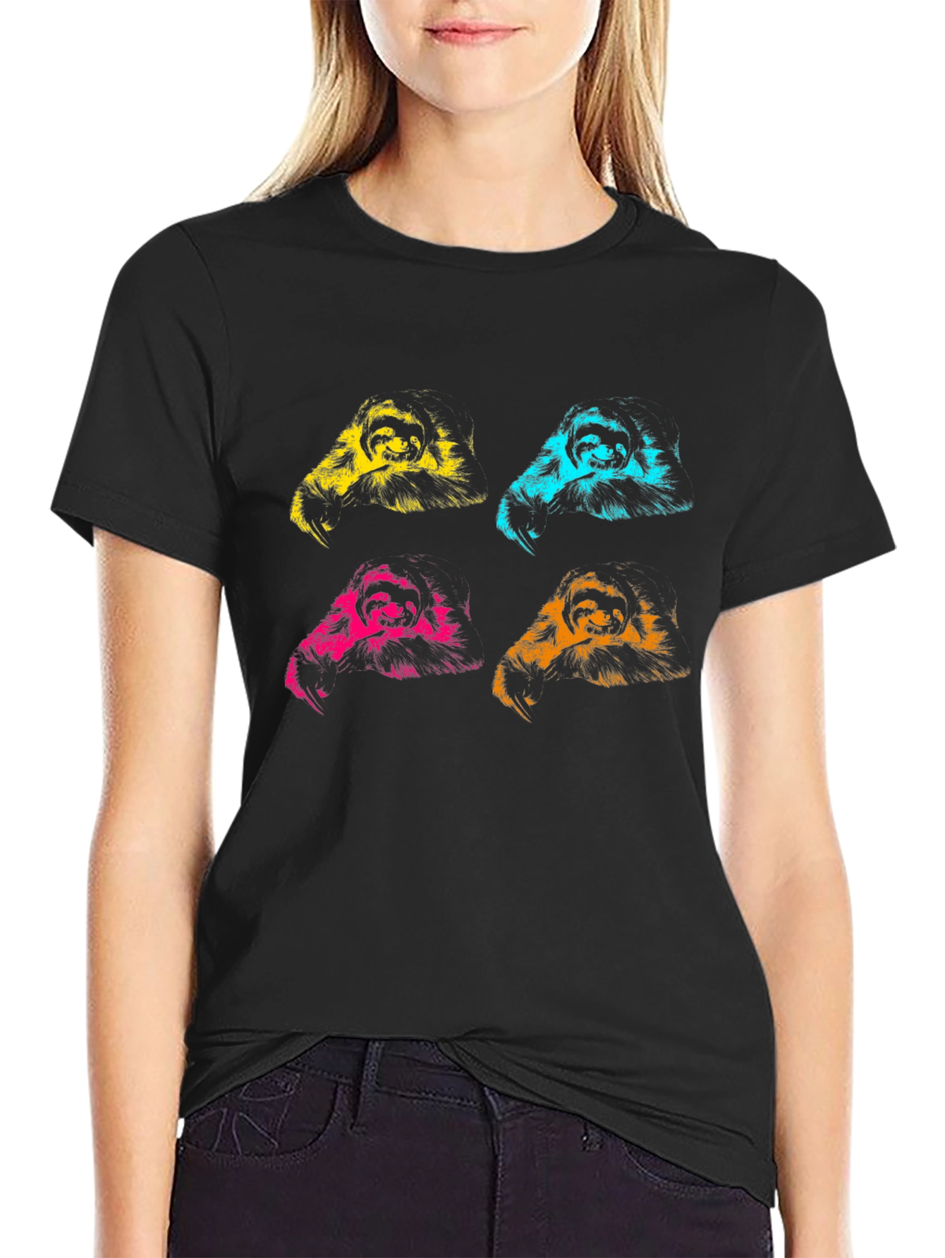 Pop Art Sloth Graphic Tee - Black Cotton T-Shirt