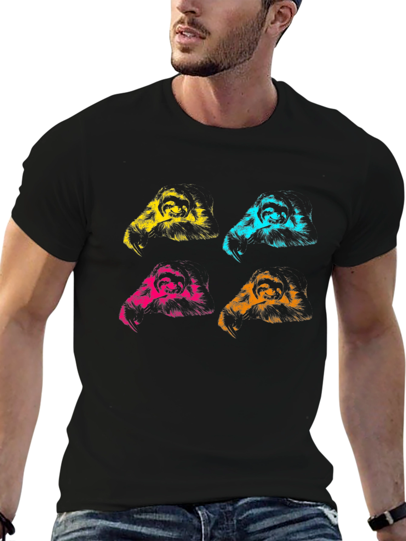 Pop Art Sloth Graphic Tee - Black Cotton T-Shirt