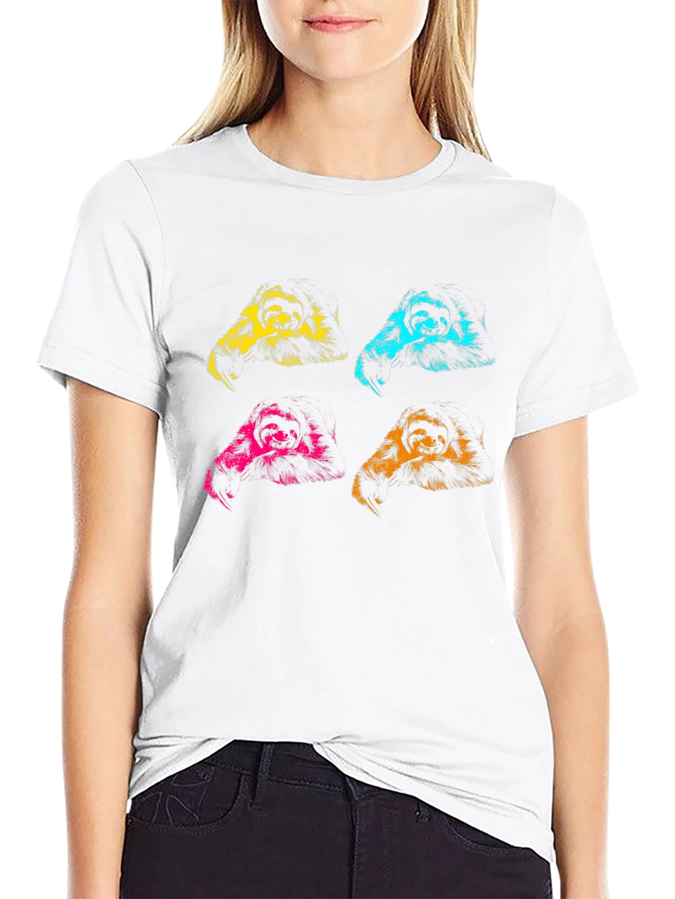 Pop Art Sloth Graphic Tee - Black Cotton T-Shirt