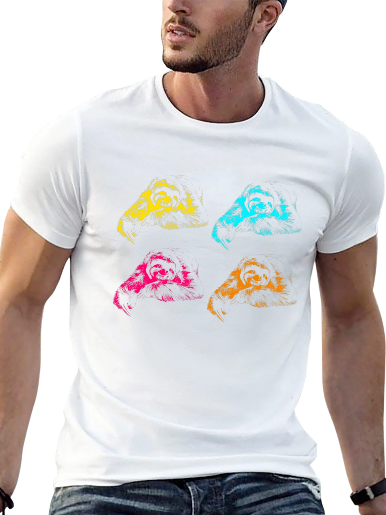 Pop Art Sloth Graphic Tee - Black Cotton T-Shirt