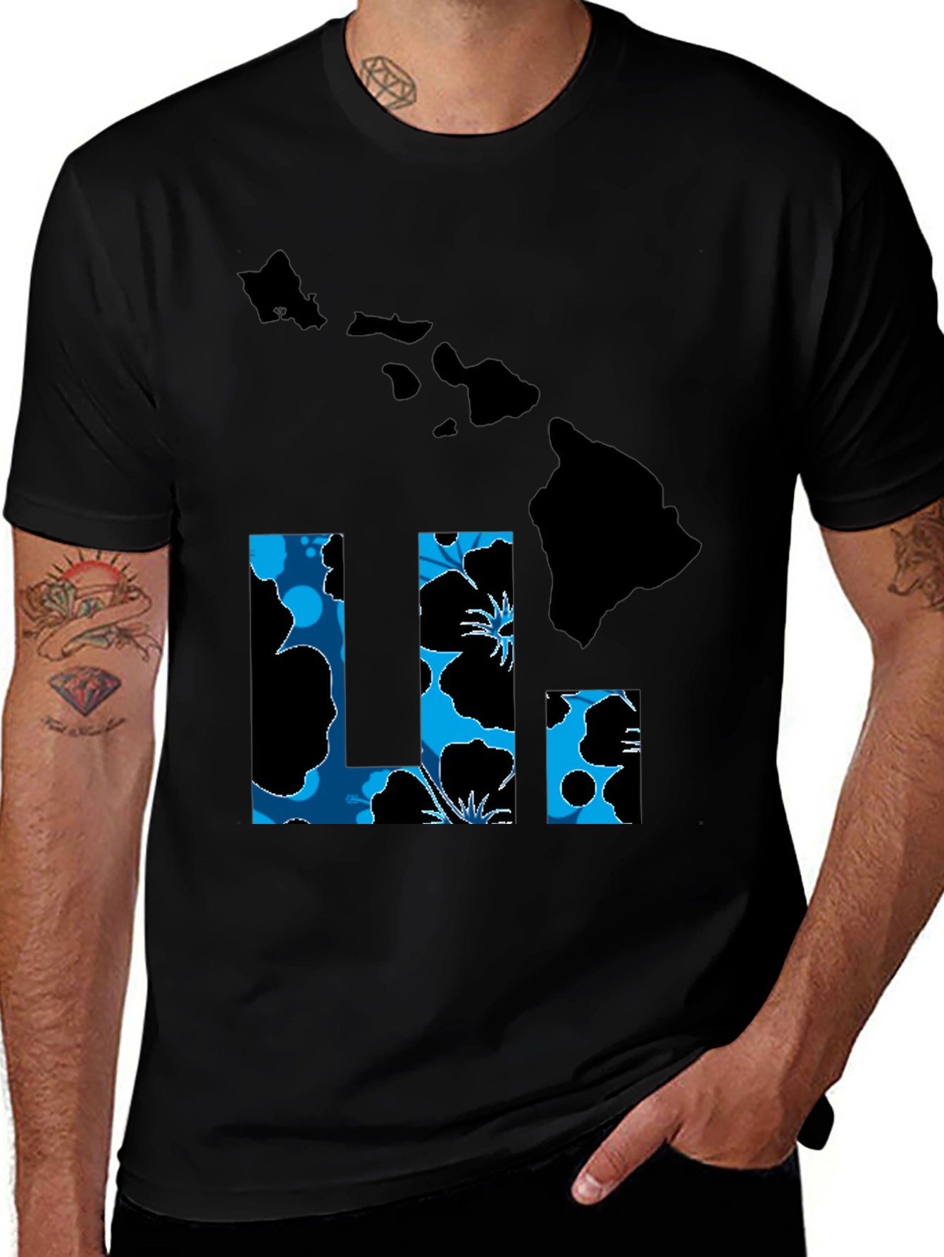 Hawaii Islands T-Shirt Floral LI Design Black Tee
