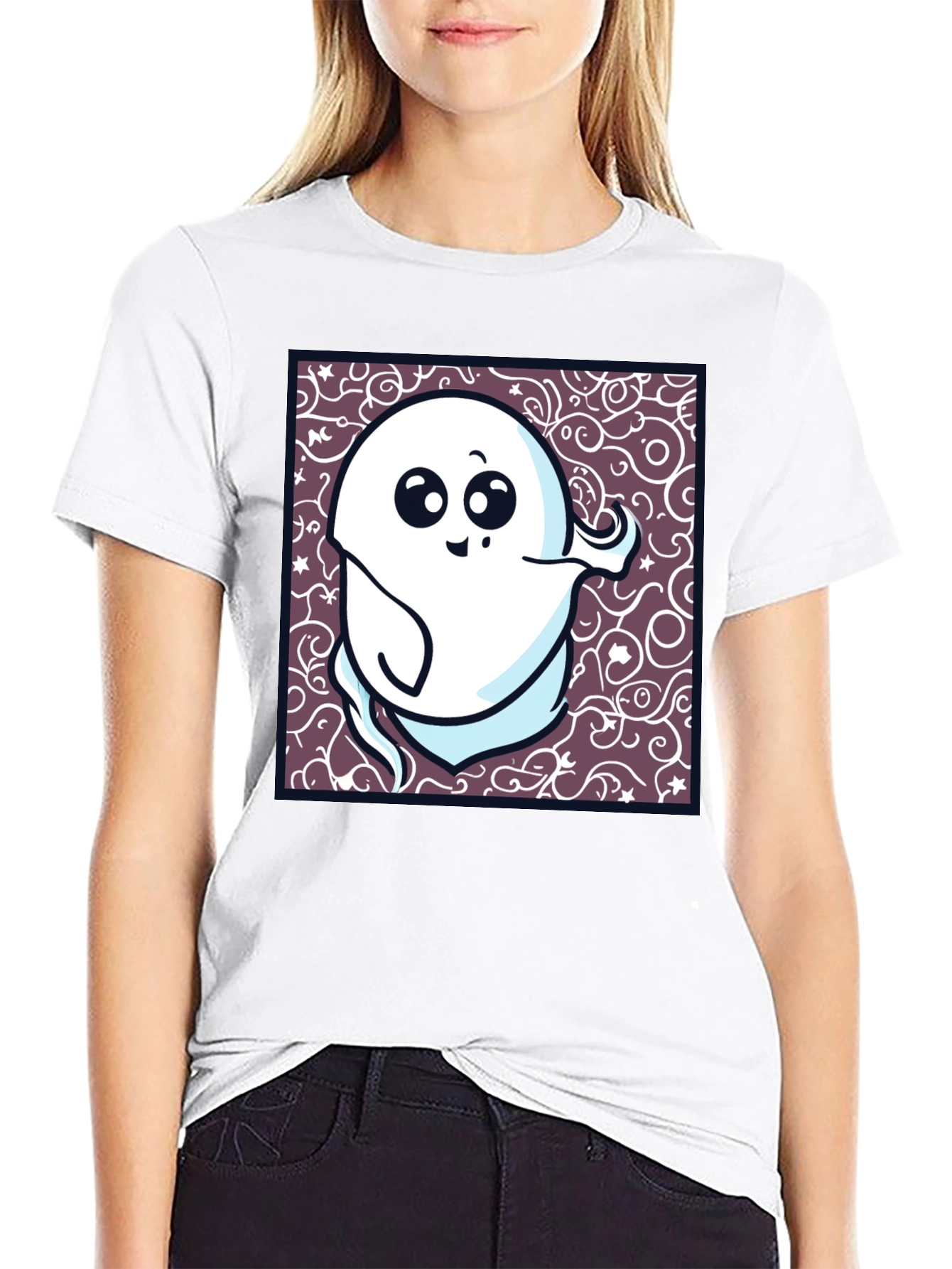 Spooky Cute Ghost Graphic T-Shirt - Black