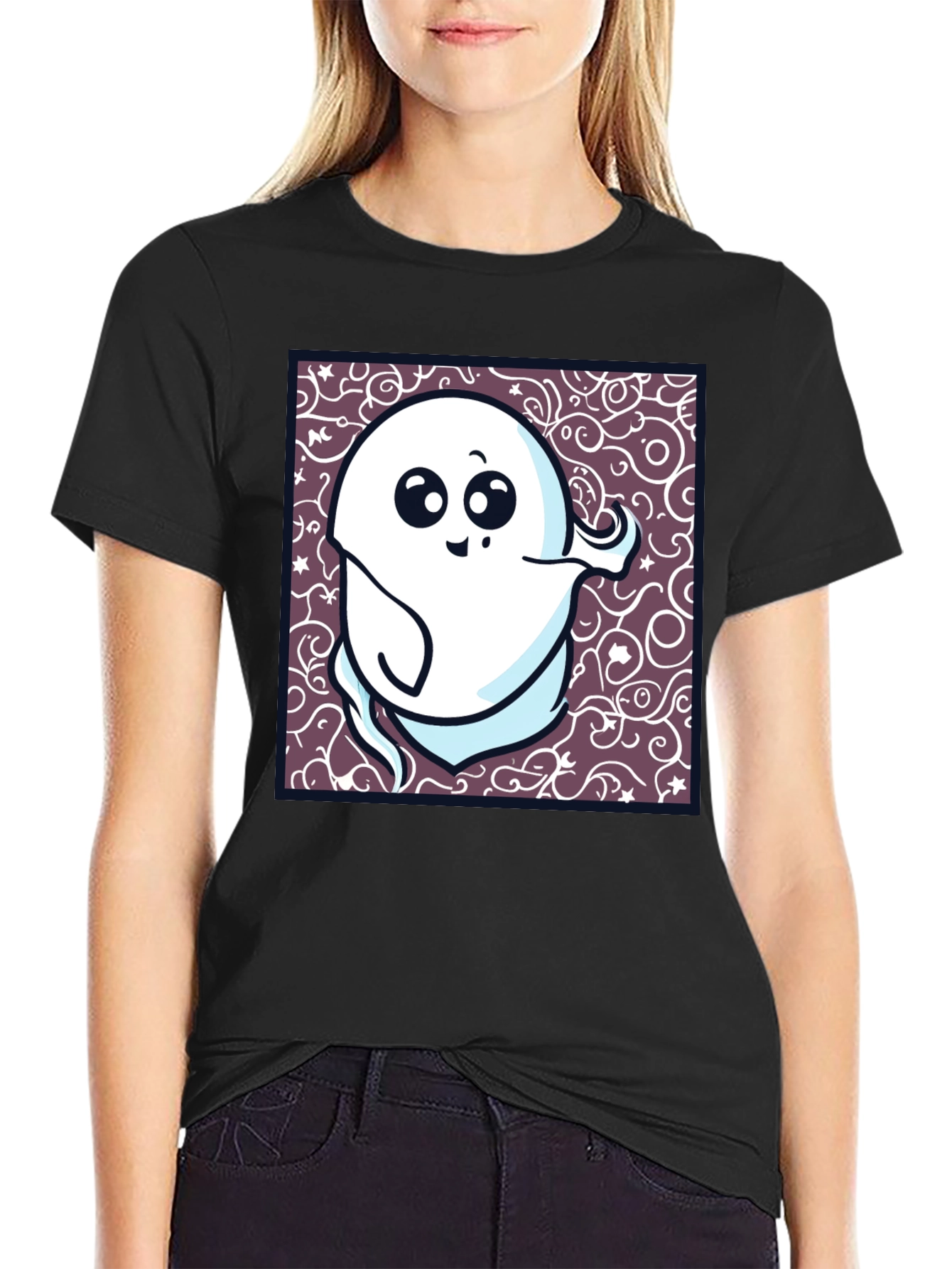 Spooky Cute Ghost Graphic T-Shirt - Black
