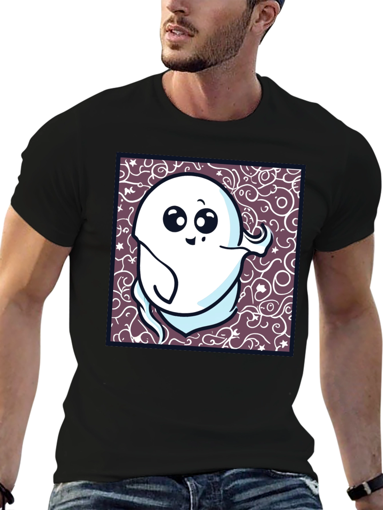 Spooky Cute Ghost Graphic T-Shirt - Black