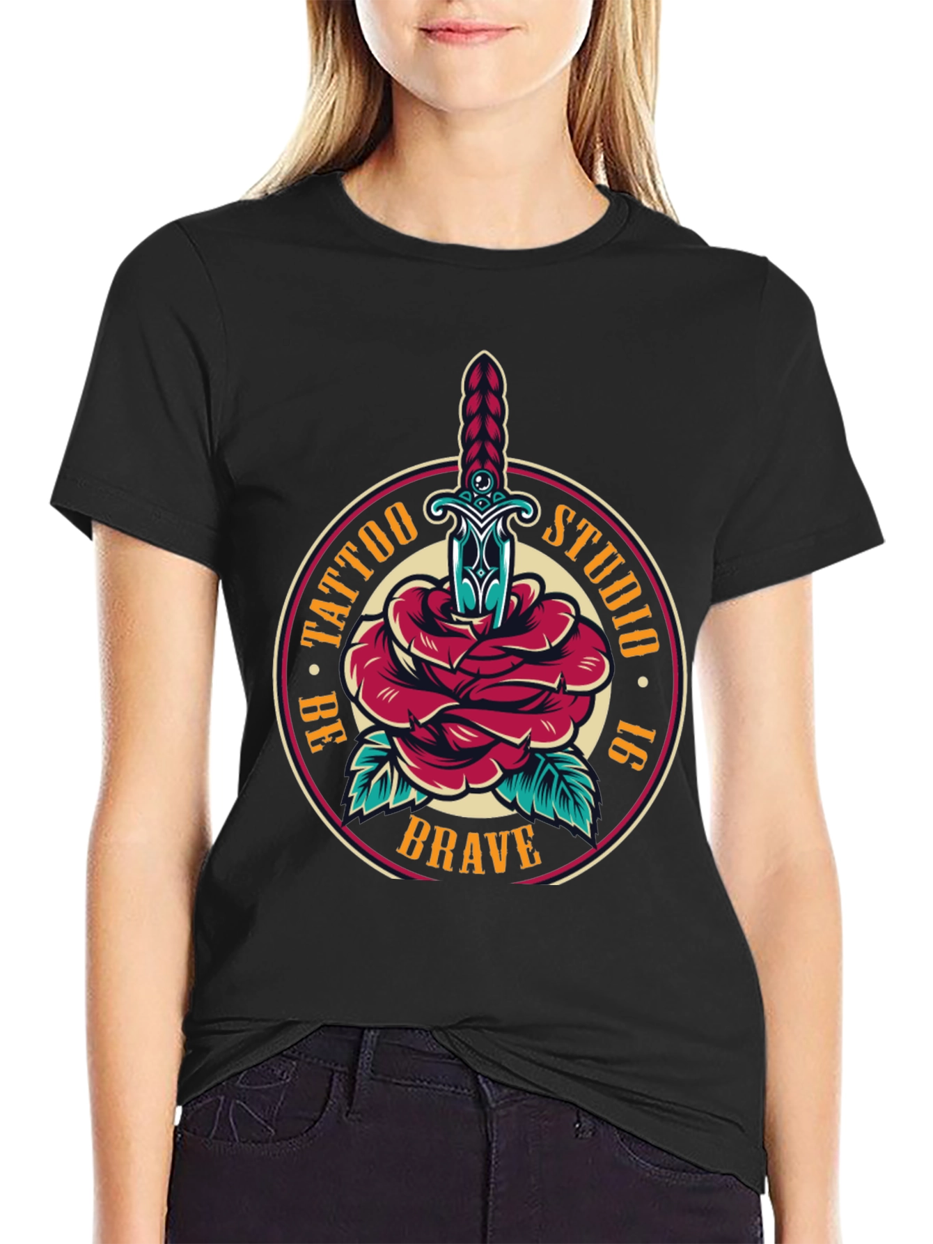 Brave Tattoo Studio T-Shirt - Rose & Dagger Design