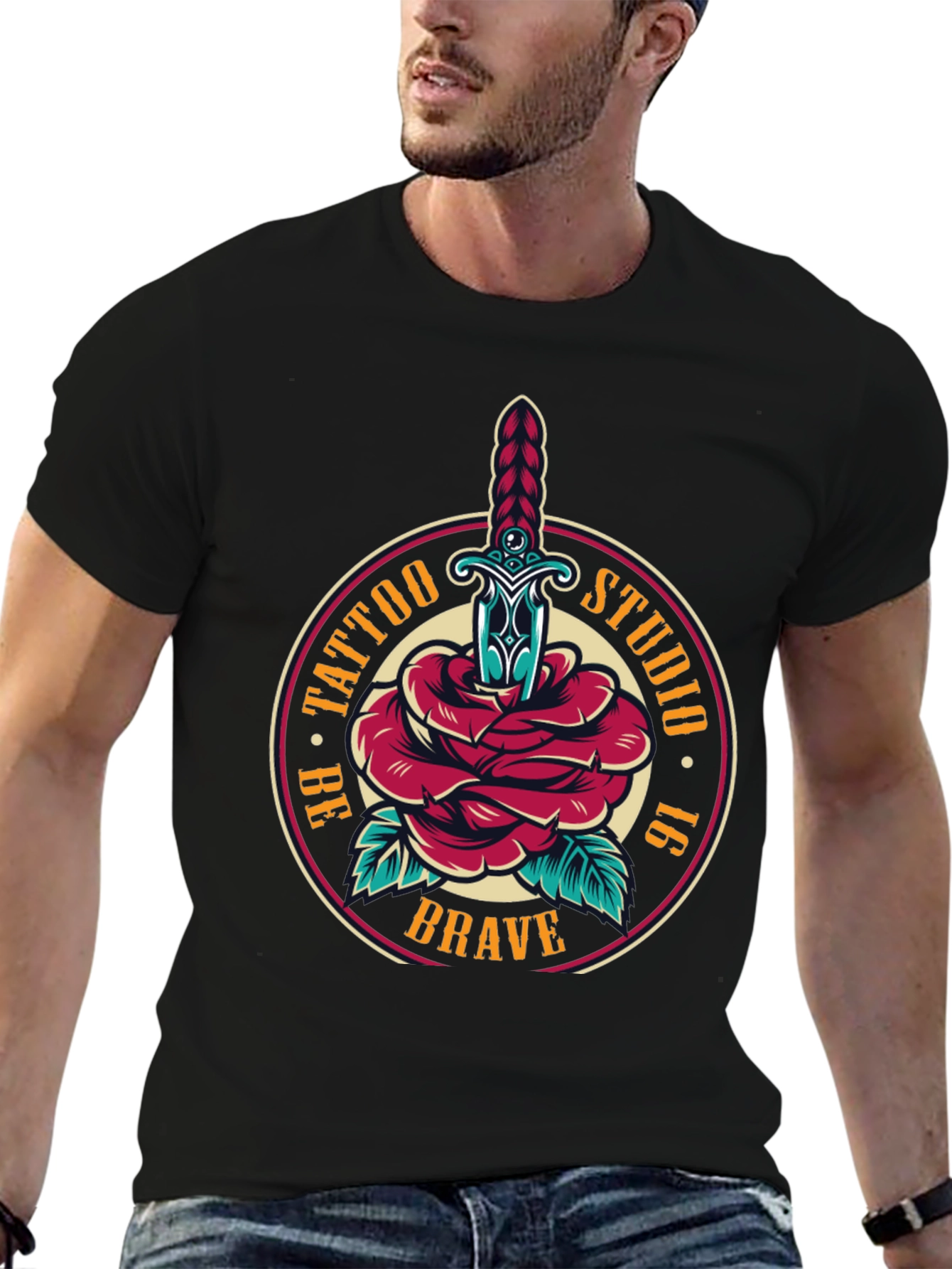 Brave Tattoo Studio T-Shirt - Rose & Dagger Design