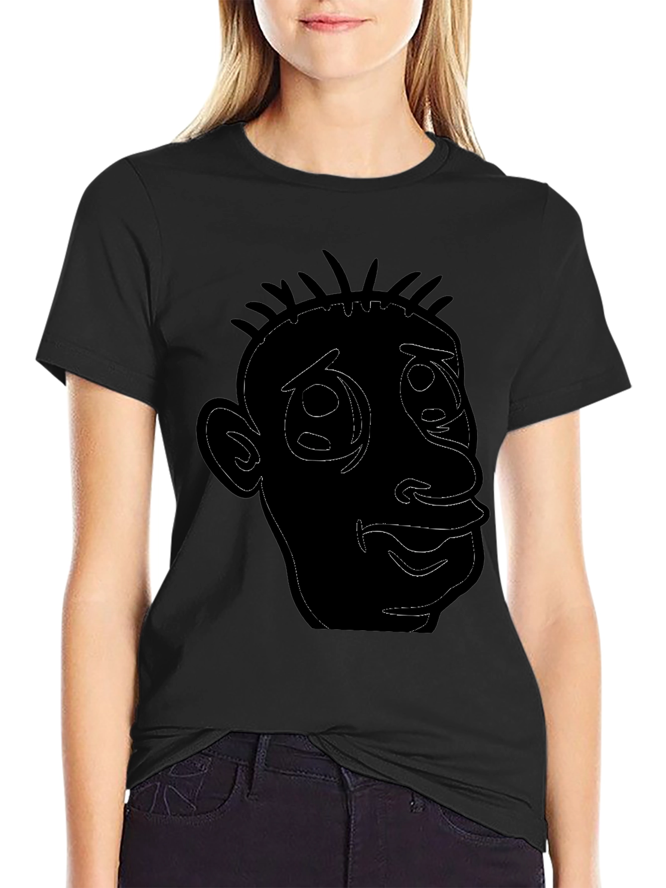 Cartoon Face Outline Black T-Shirt