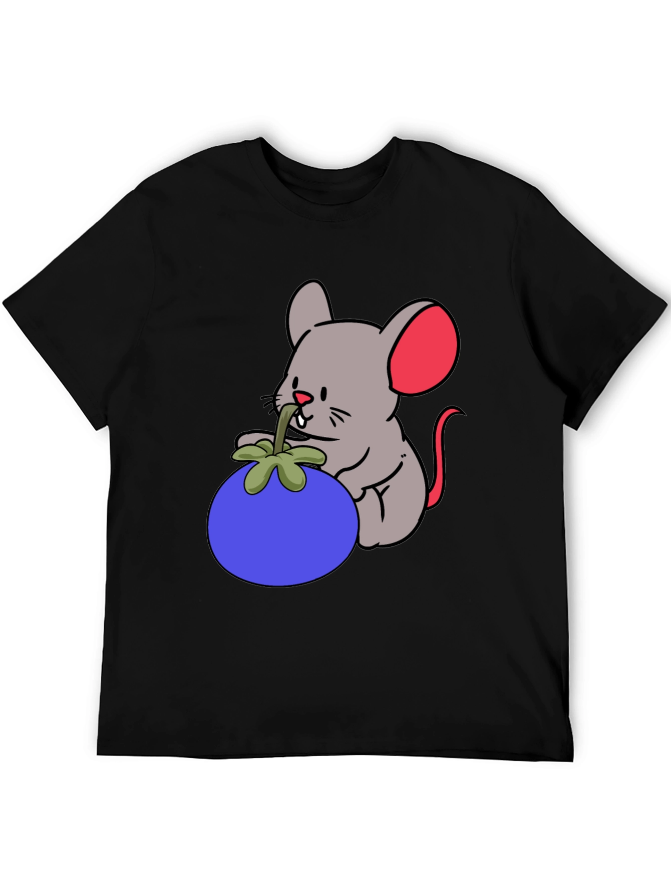 Cartoon Mouse & Berry Graphic Black T-Shirt
