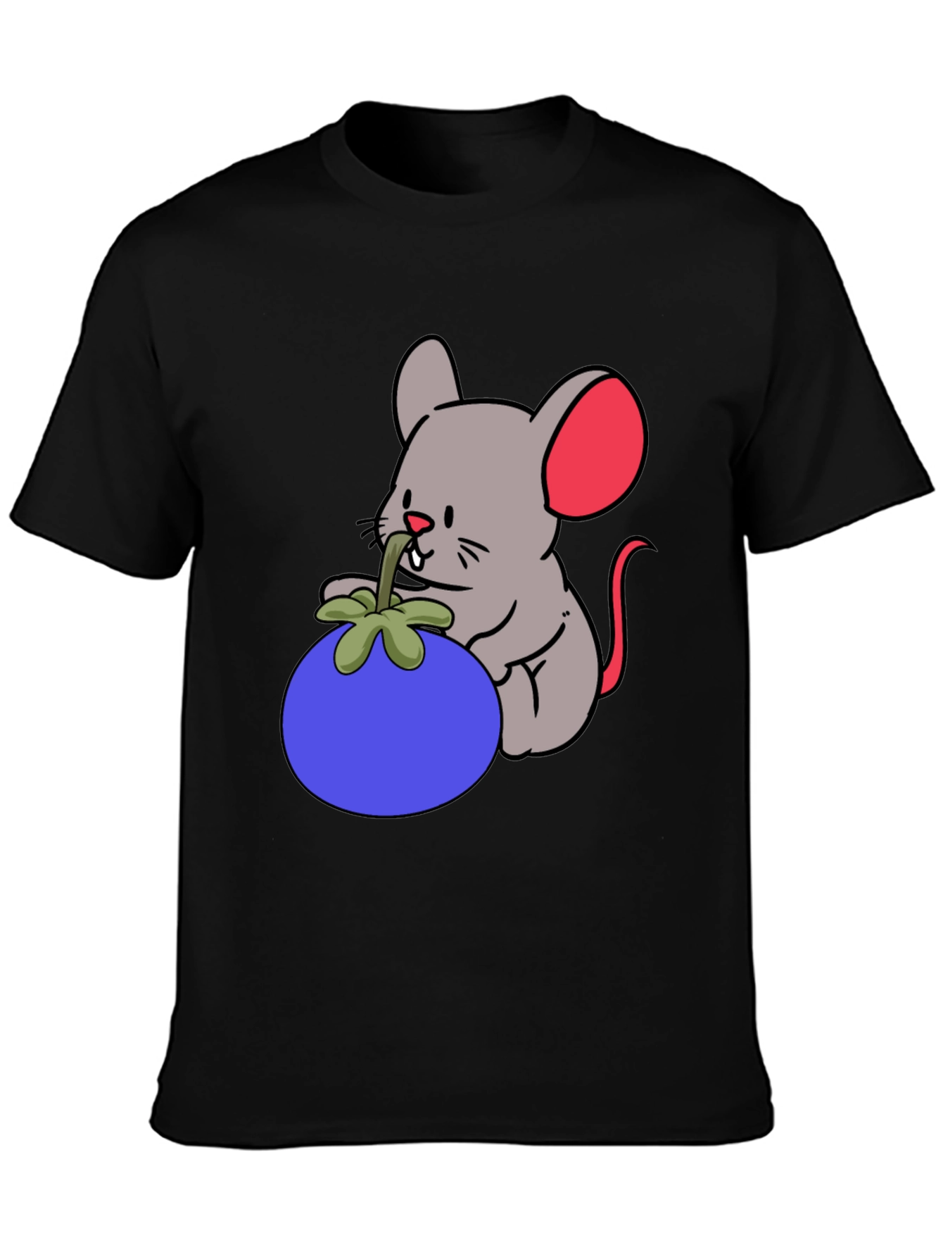 Cartoon Mouse & Berry Graphic Black T-Shirt