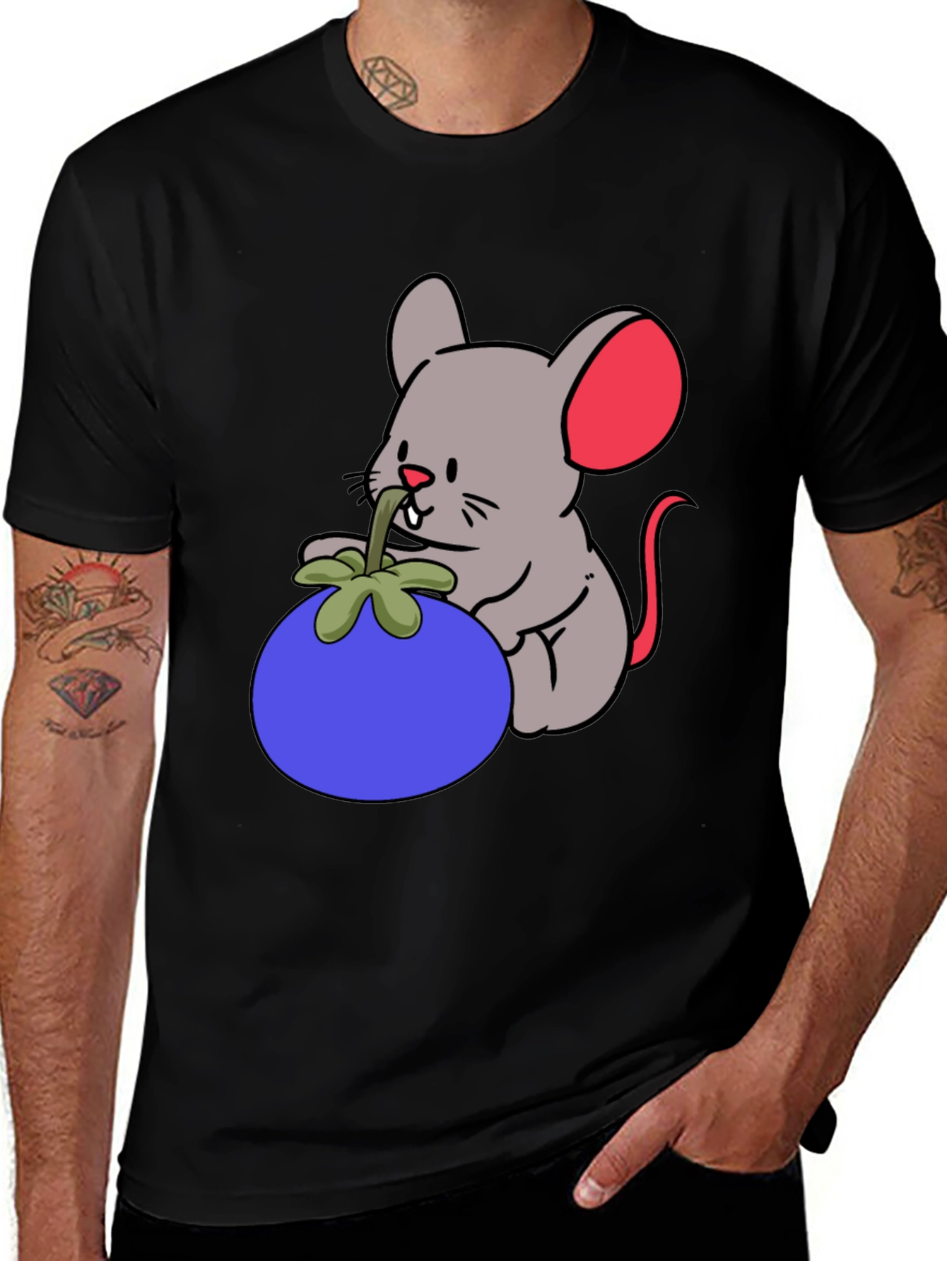 Cartoon Mouse & Berry Graphic Black T-Shirt