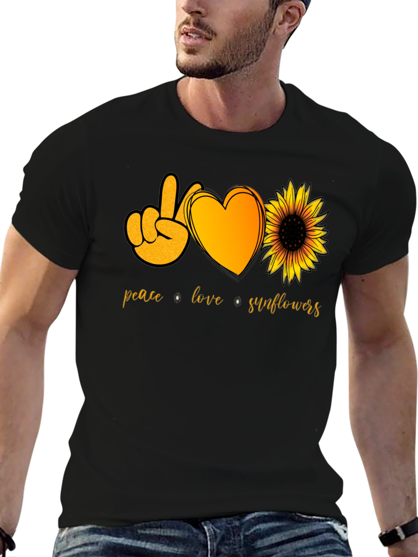 Peace Love Sunflowers Black T-Shirt