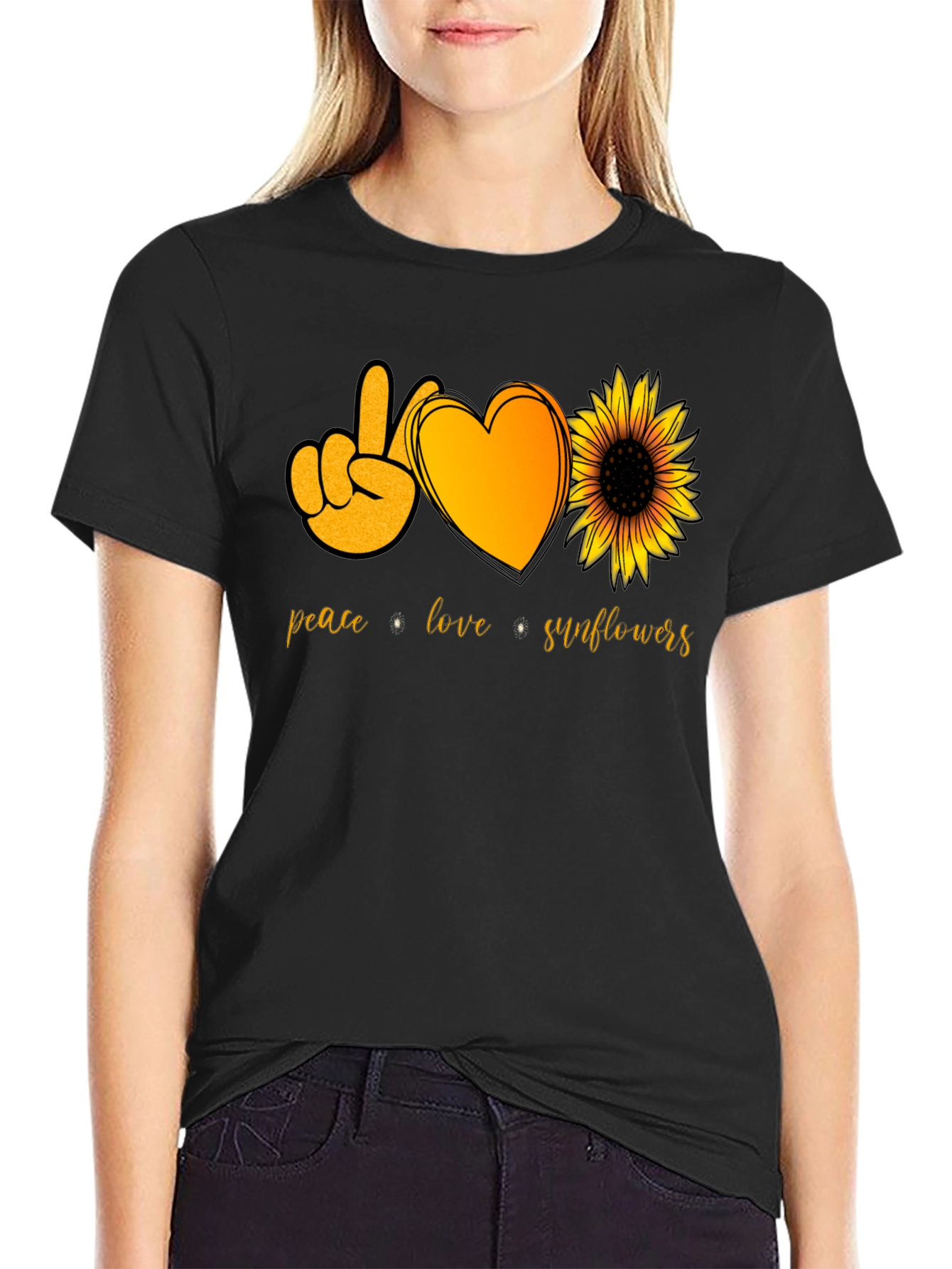 Peace Love Sunflowers Black T-Shirt