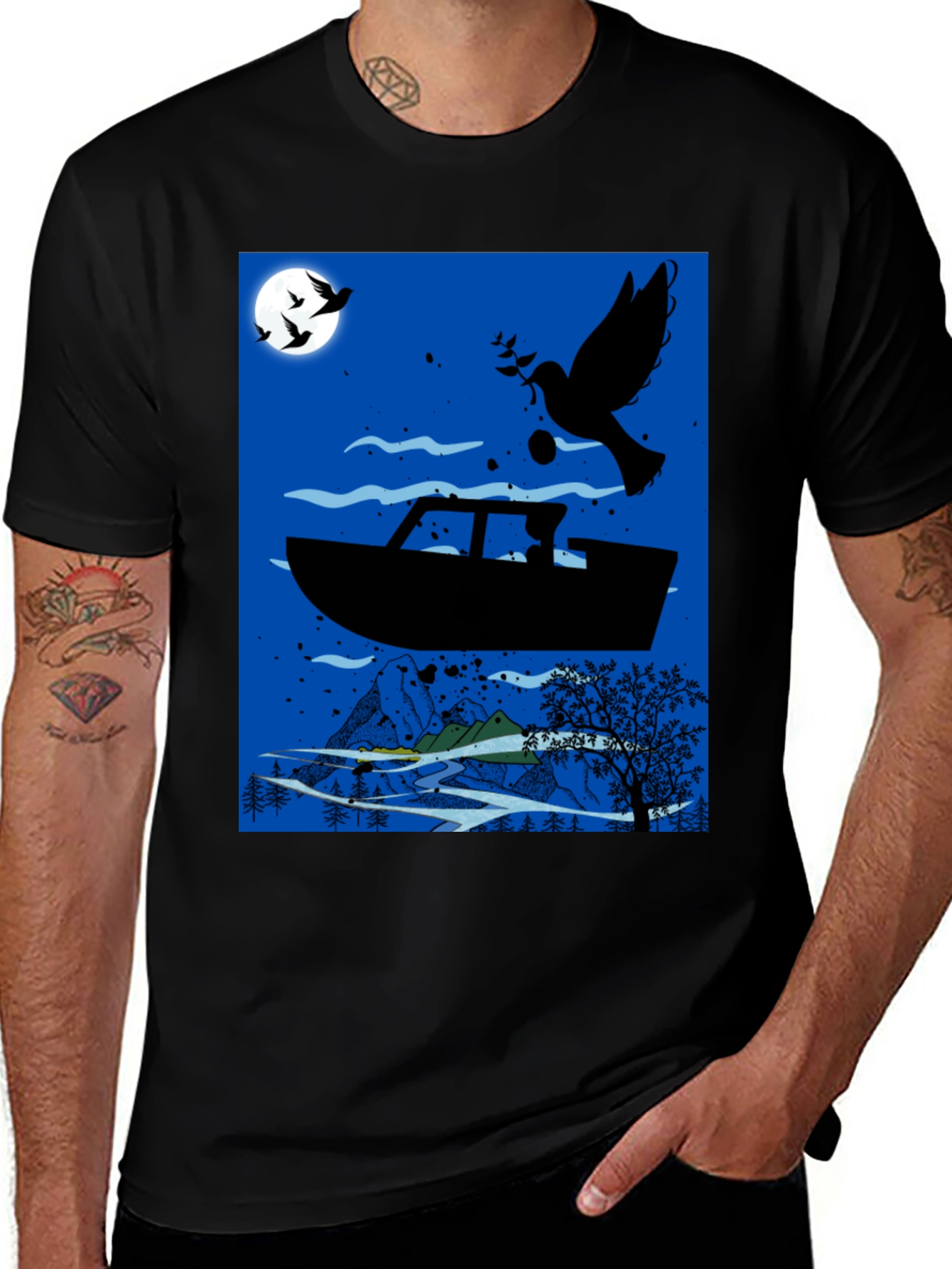 Peace Dove Boat Graphic Tee - Black Cotton Blend
